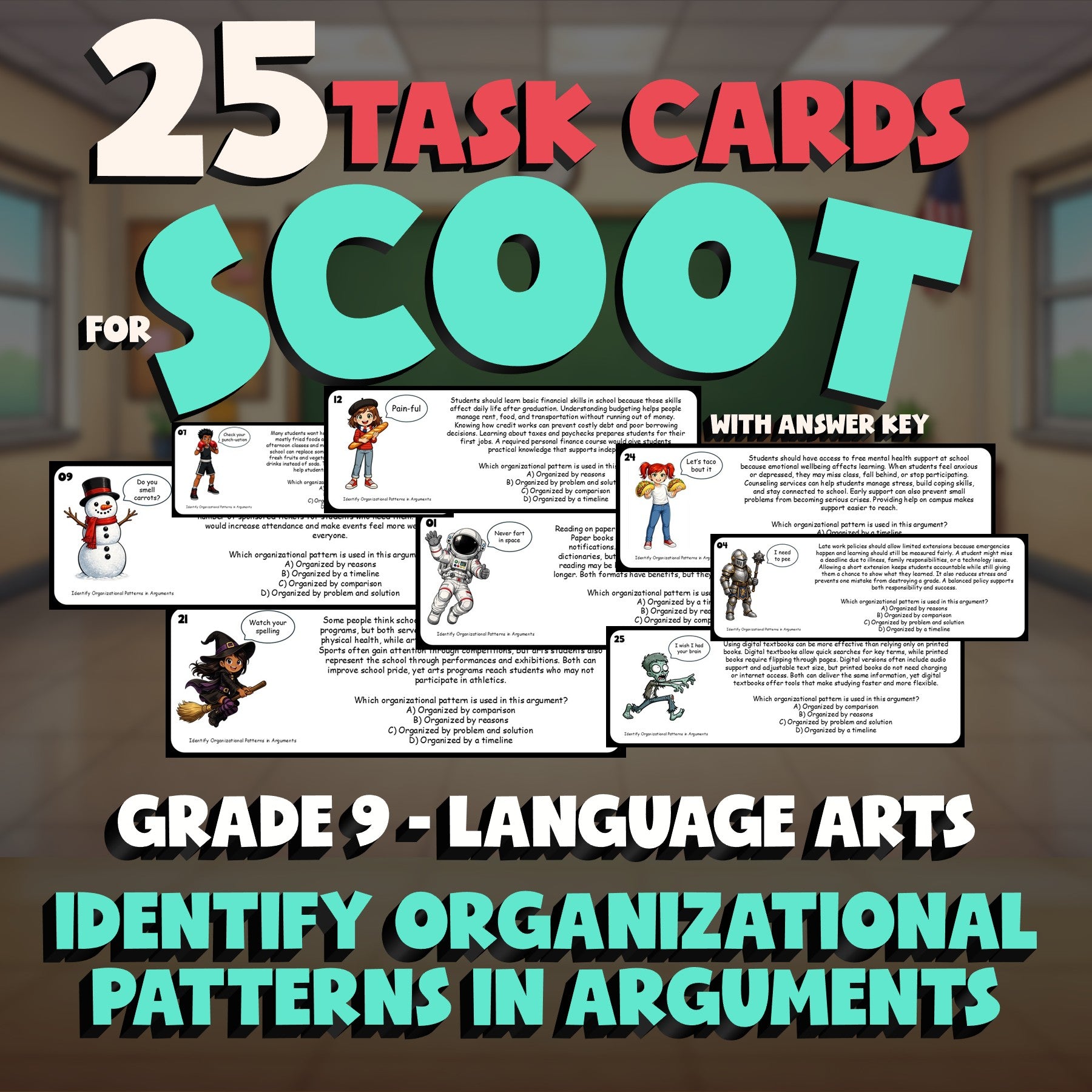 Identify Organizational Patterns in Arguments SCOOT TASK CARDS ELA Game Grade 9