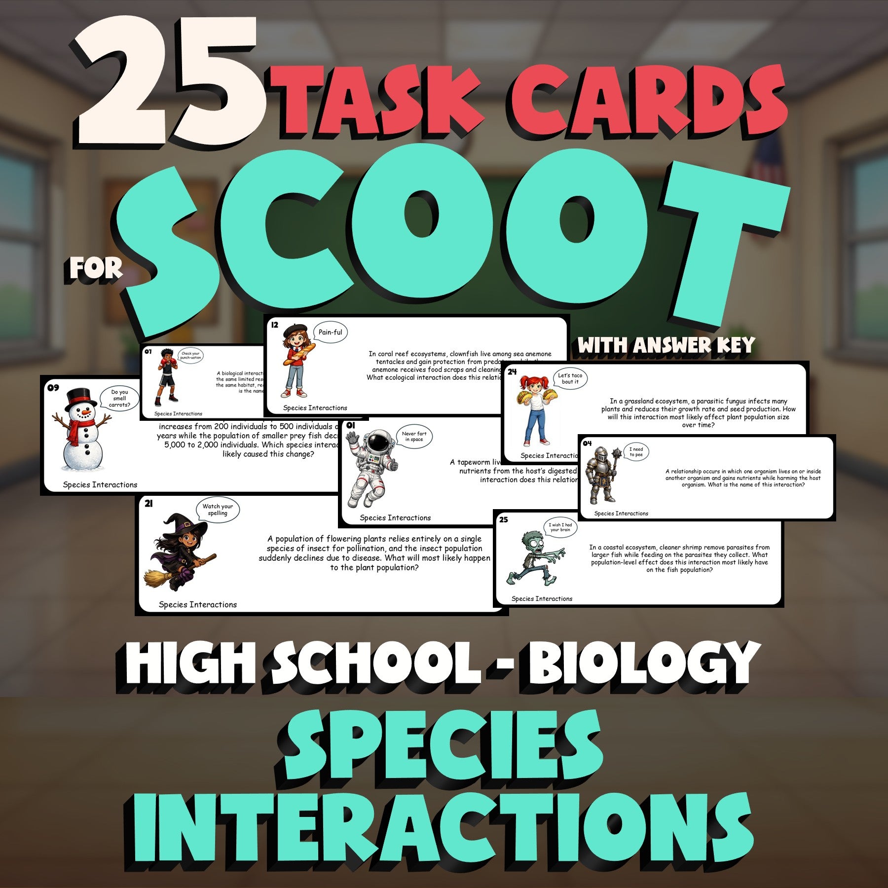 Species Interactions SCOOT TASK CARDS Science Game - No Prep Biology Review