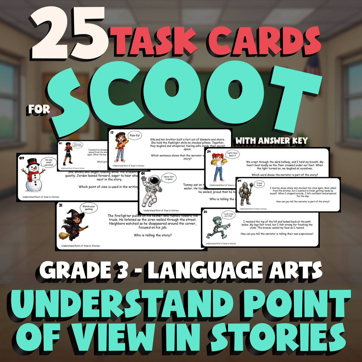 Understand Point of View in Stories SCOOT TASK CARDS ELA Game - No Prep Grade 3