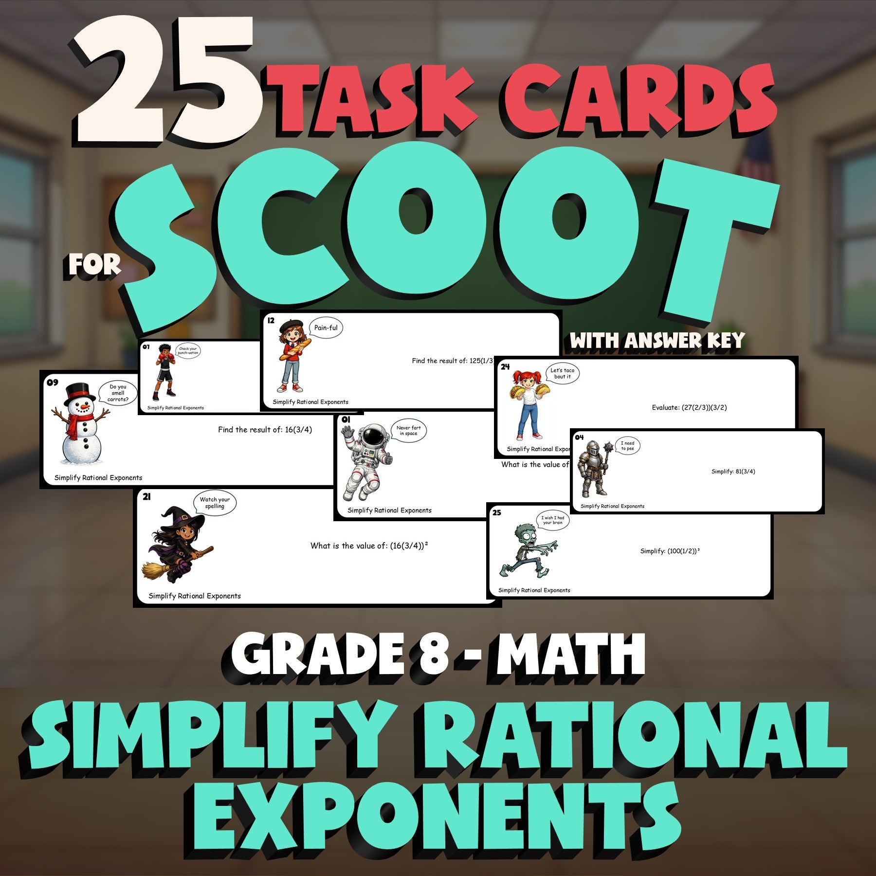 Simplify Rational Exponents SCOOT TASK CARDS Math Game - No Prep Grade 8 Review