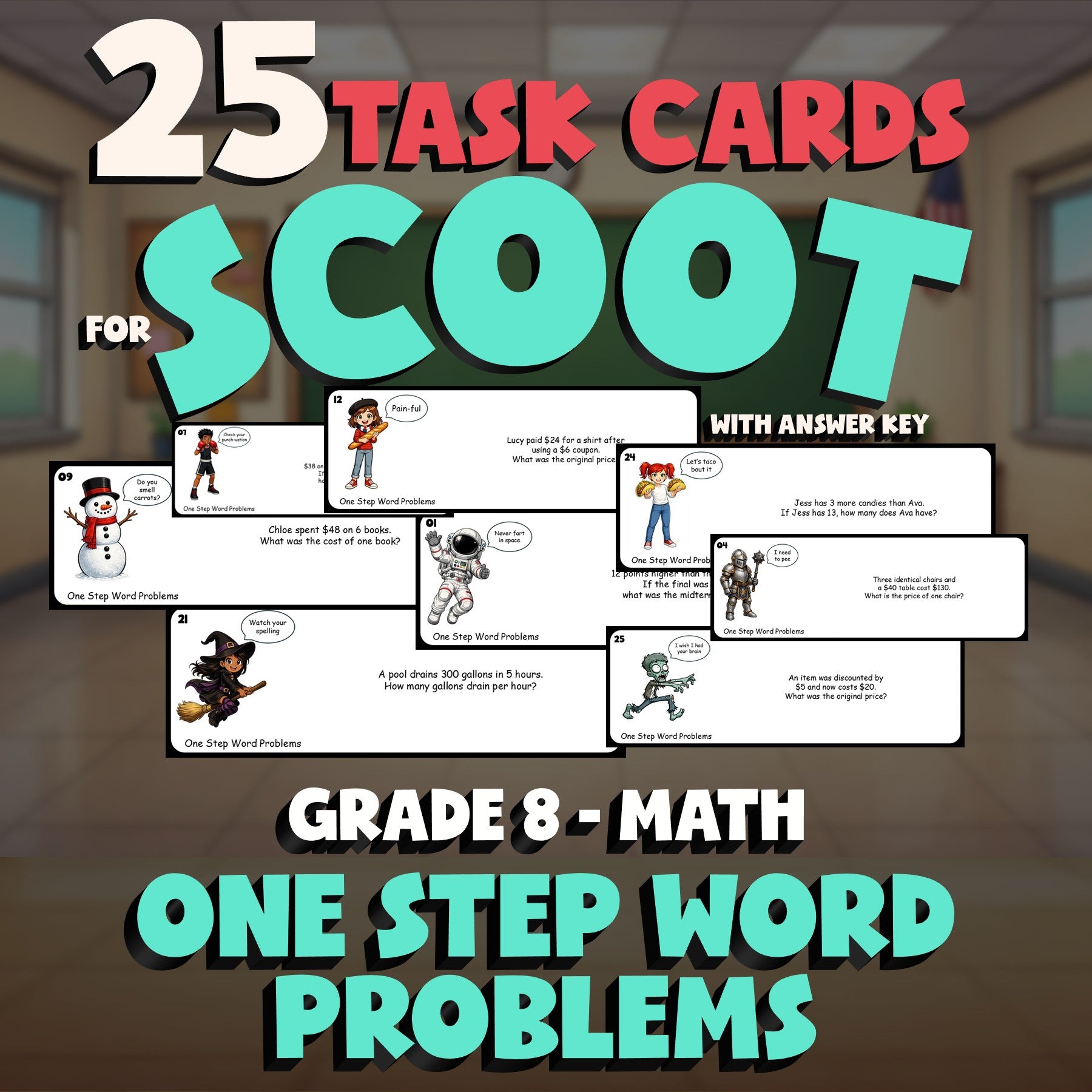 One Step Word Problems SCOOT TASK CARDS Math Game - No Prep Grade 8 Review