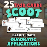 Quadratic Applications SCOOT TASK CARDS Math Game - No Prep Grade 9 Review