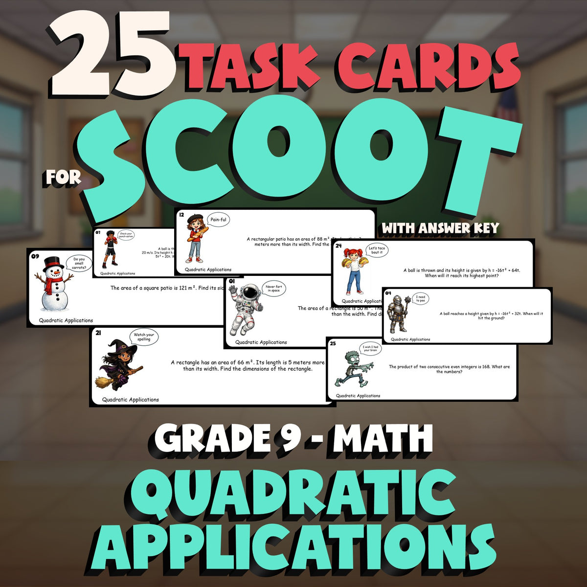 Quadratic Applications SCOOT TASK CARDS Math Game - No Prep Grade 9 Review