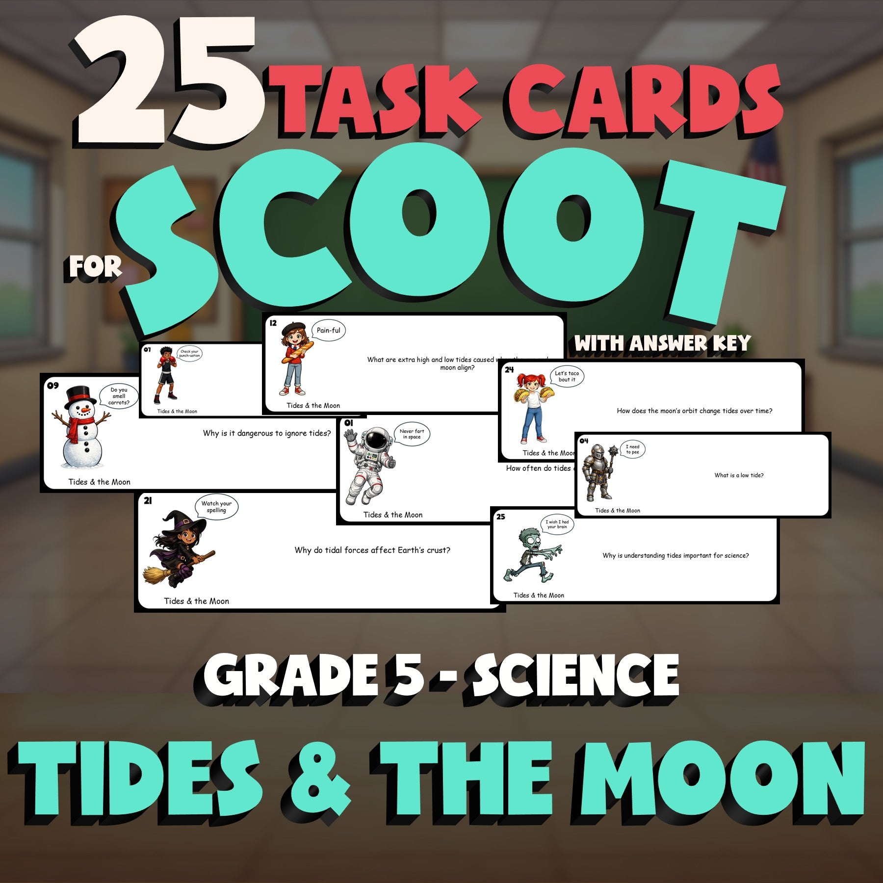 Tides & the Moon SCOOT TASK CARDS Science Game - No Prep Grade 5 Review Activity