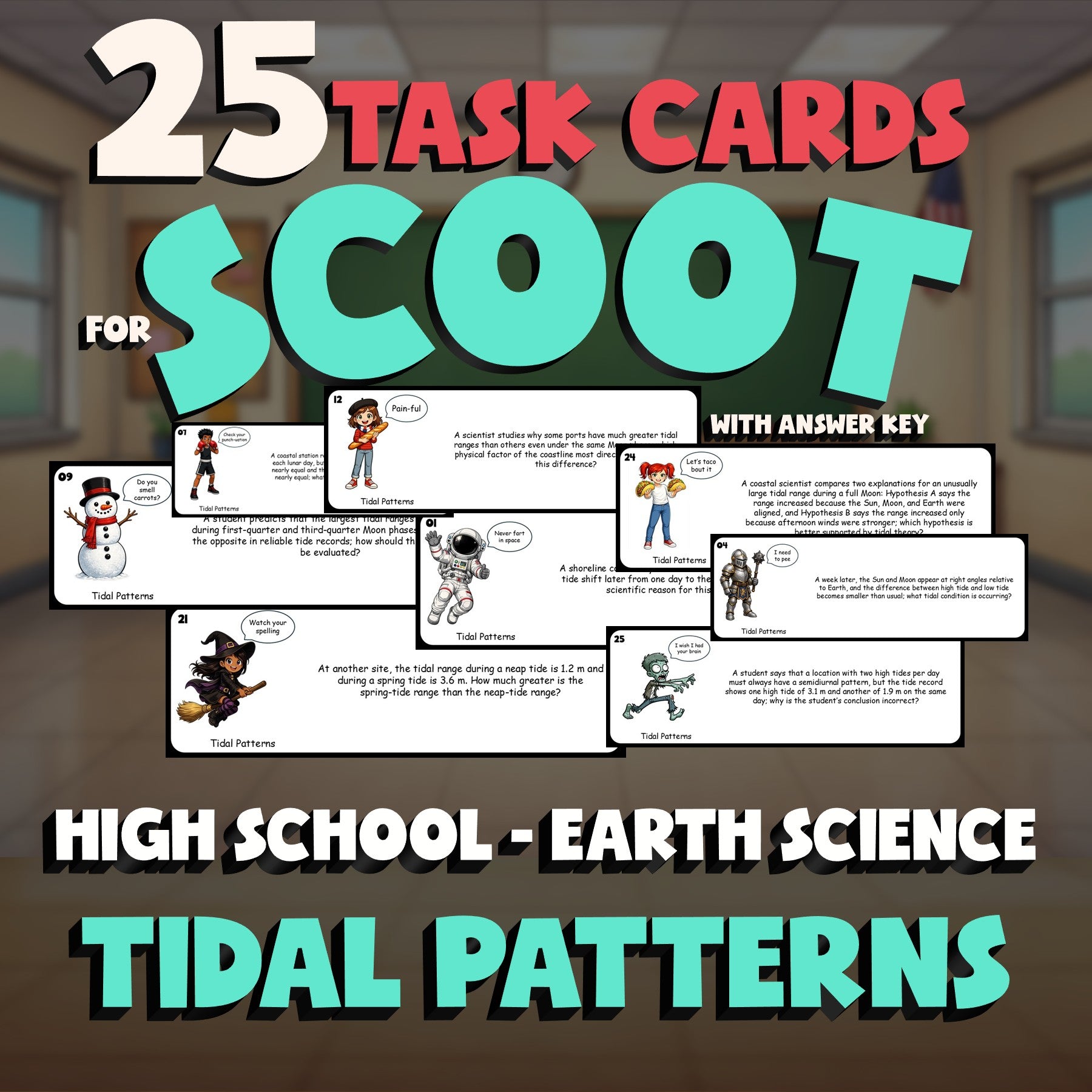 Tidal Patterns SCOOT TASK CARDS Game - No Prep Earth Science Review Activity