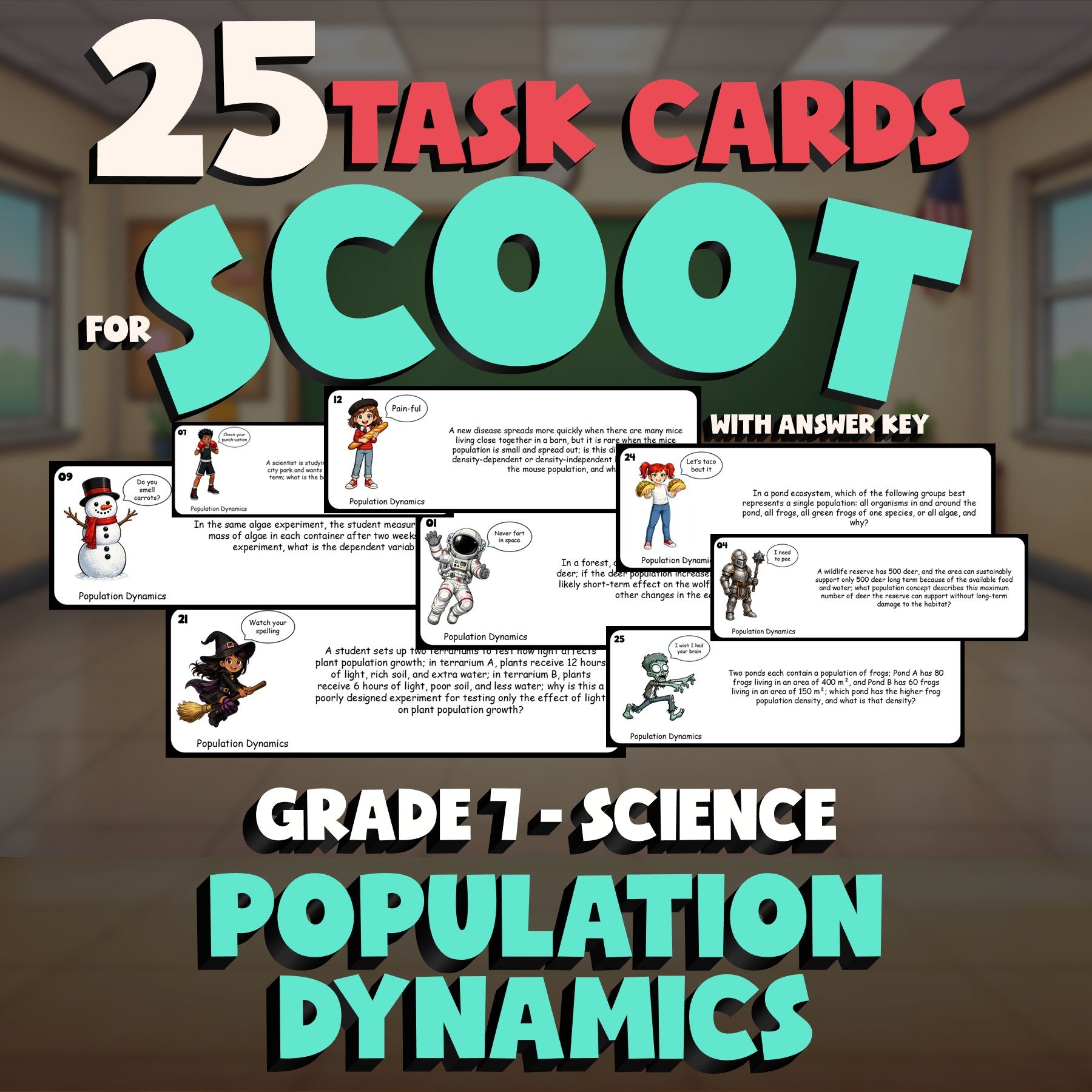 Population Dynamics SCOOT TASK CARDS Science Game - No Prep Grade 7 Review
