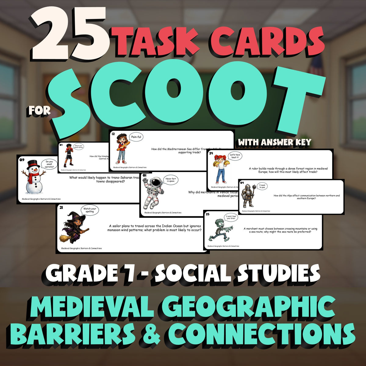 Medieval Geographic Barriers & Connections SCOOT TASK CARDS Socials Game Grade 7