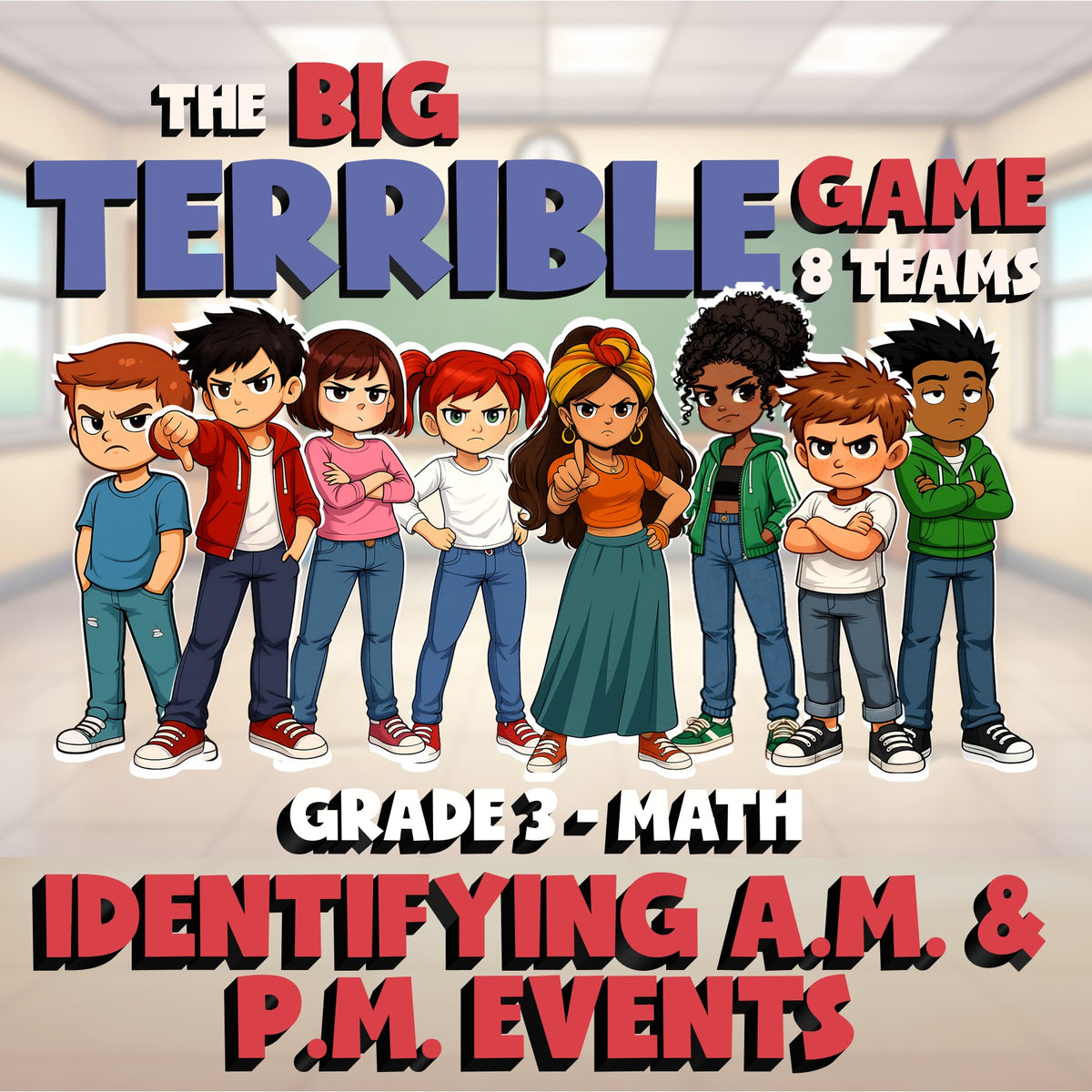 Identifying A.M. & P.M. Events BIG TERRIBLE GAME - No Prep Grade 3 Math Review