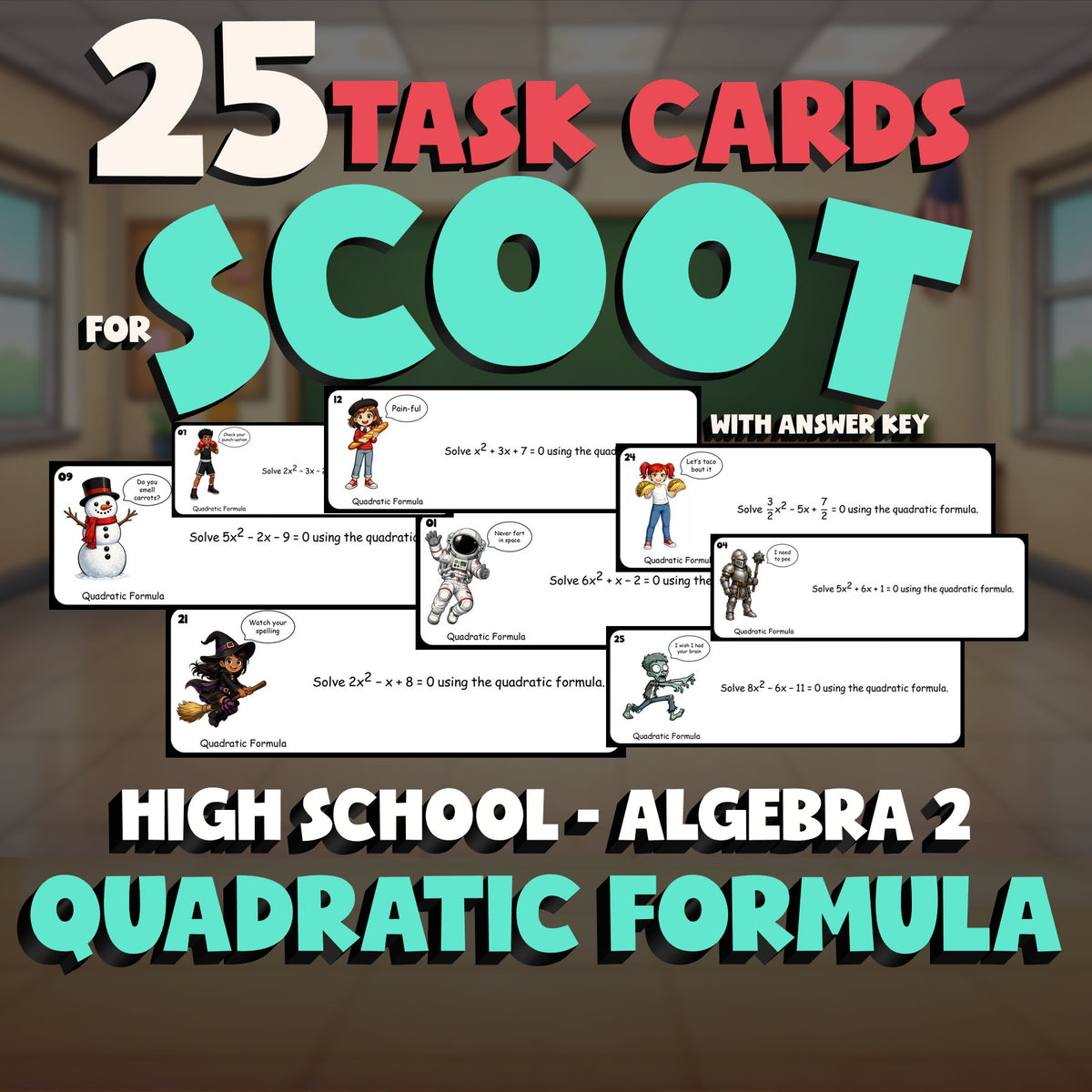Quadratic Formula SCOOT TASK CARDS Math Game - No Prep Algebra 2 Review Activity
