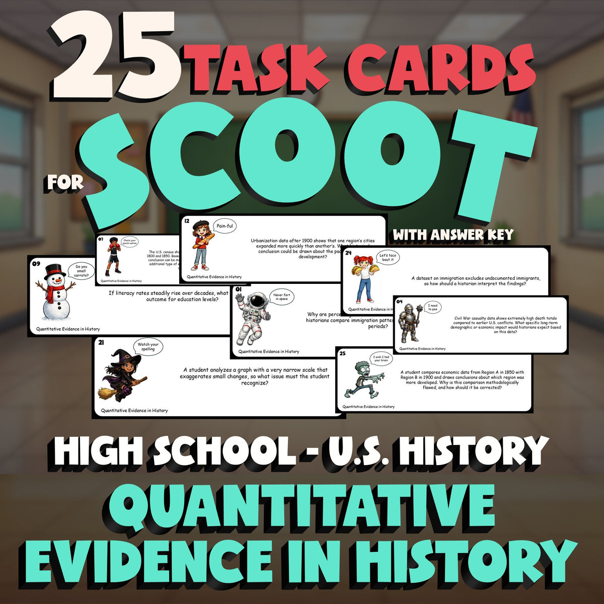 Quantitative Evidence in History SCOOT TASK CARDS U.S. History Game - No Prep
