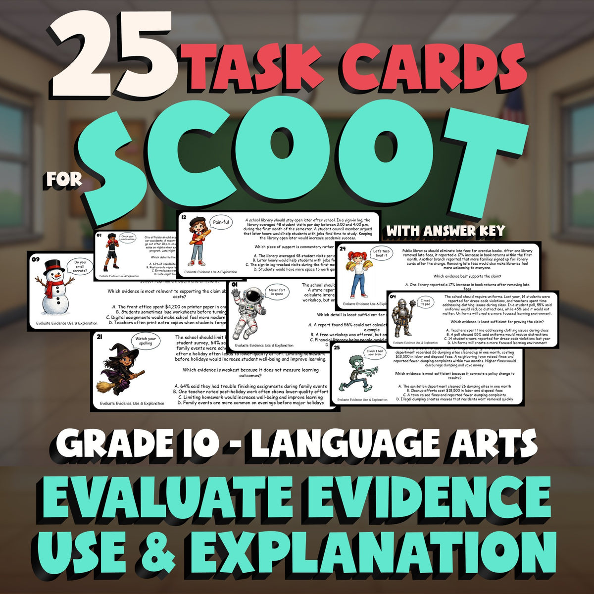 Evaluate Evidence Use & Explanation SCOOT TASK CARDS ELA Game - No Prep Grade 10