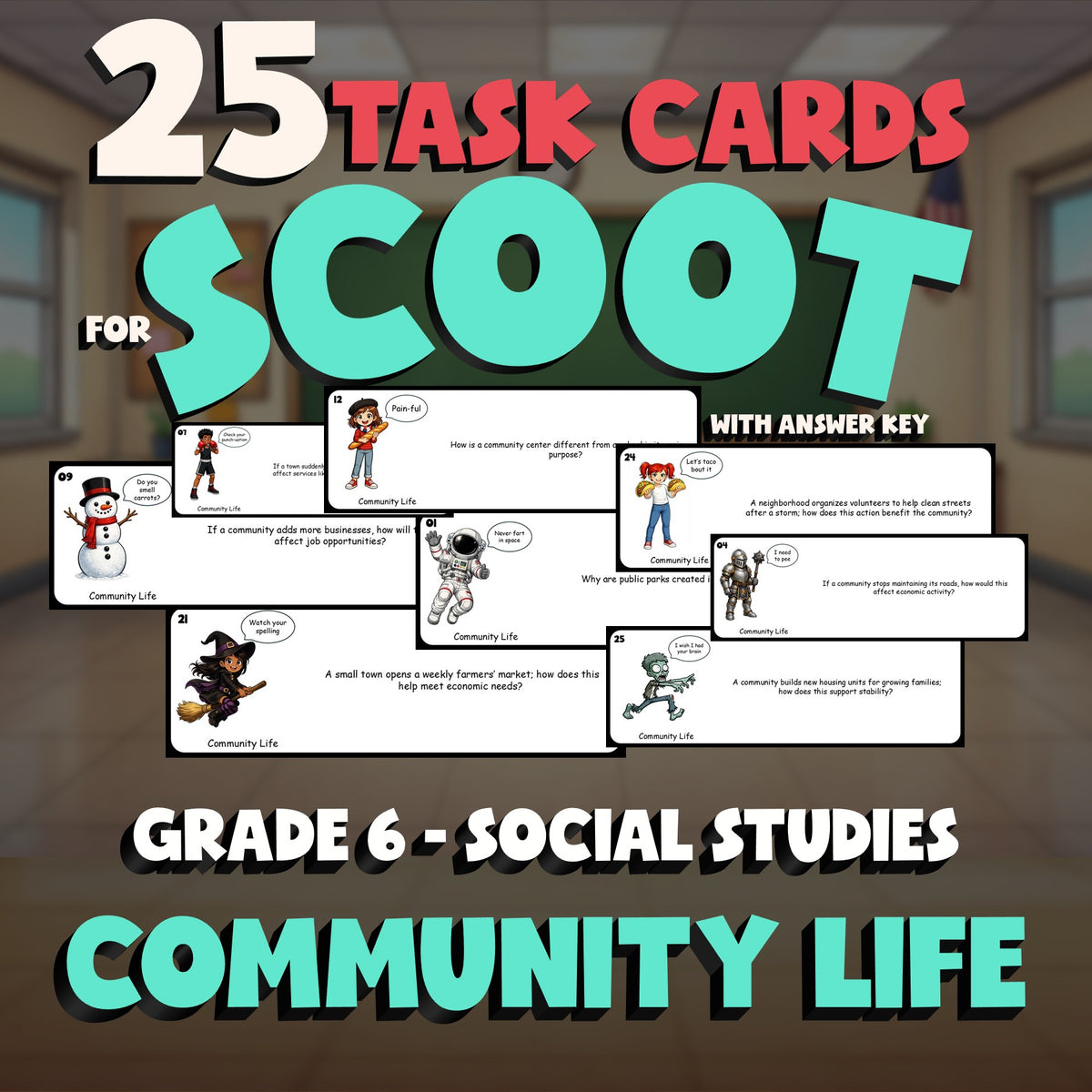 Community Life SCOOT TASK CARDS Socials Game - No Prep Grade 6 Review Activity