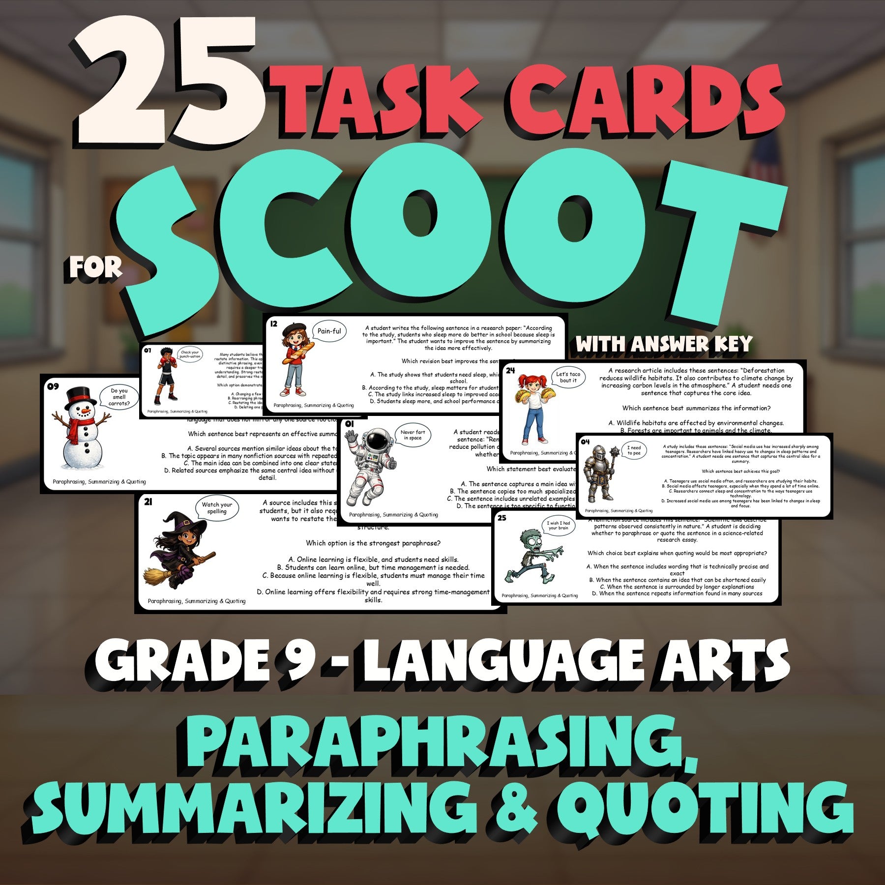 Paraphrasing, Summarizing & Quoting SCOOT TASK CARDS ELA Game - No Prep Grade 9