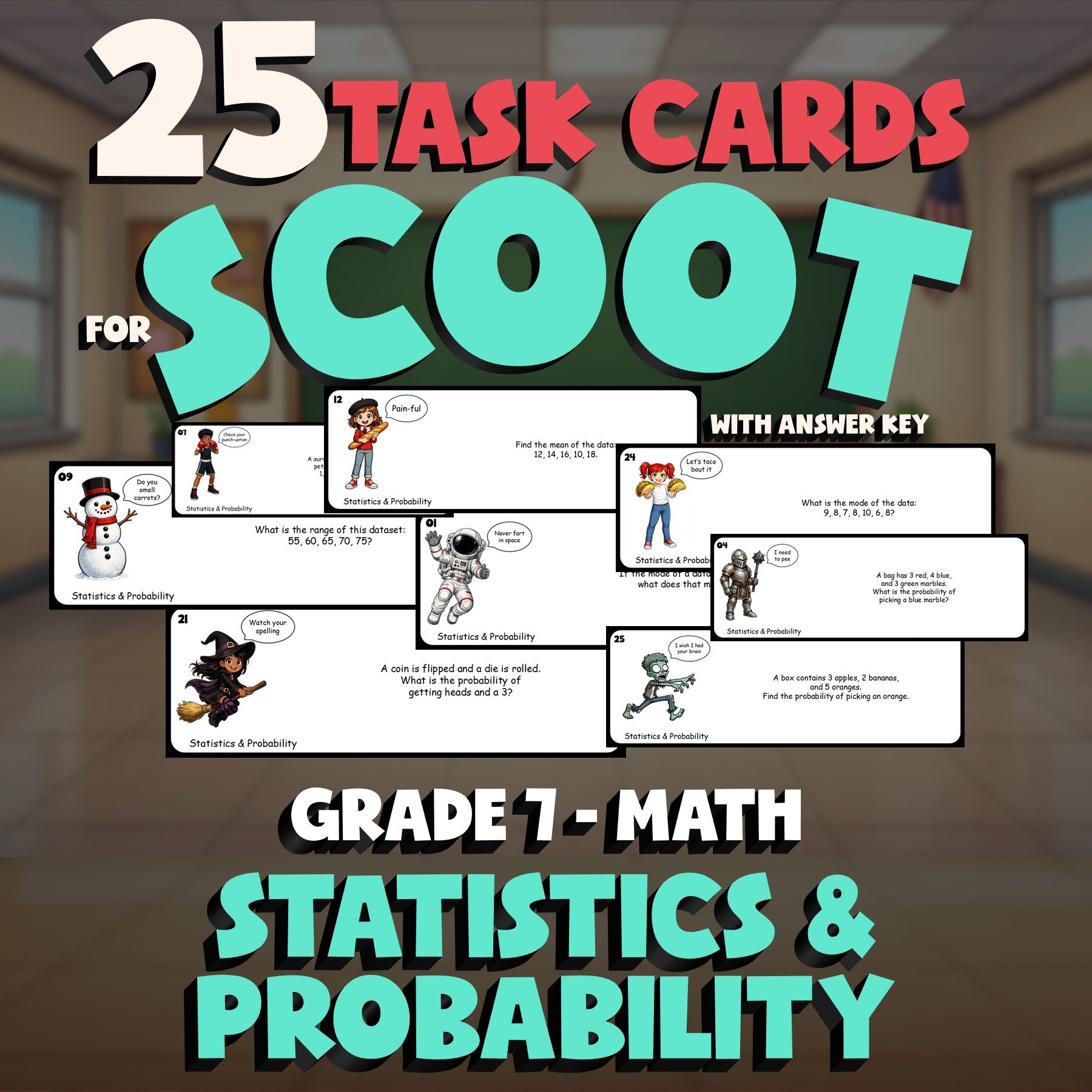 Statistics & Probability SCOOT TASK CARDS Math Game - No Prep Grade 7 Review
