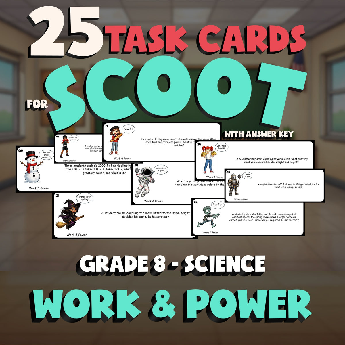 Work & Power SCOOT TASK CARDS Science Game - No Prep Grade 8 Review Activity