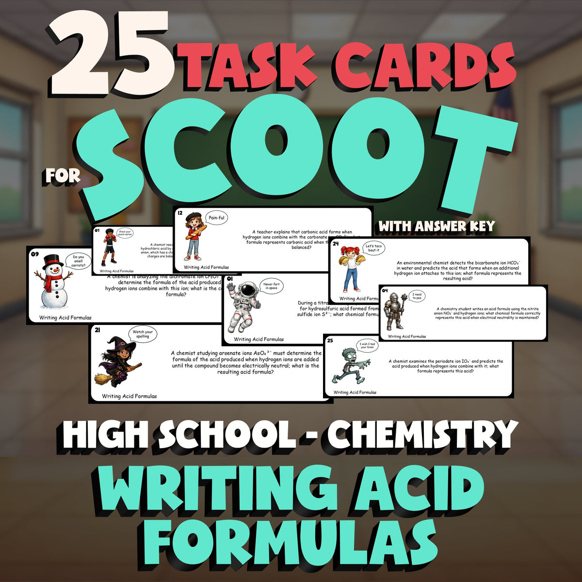 Writing Acid Formulas SCOOT TASK CARDS Science Game - No Prep Chemistry Review