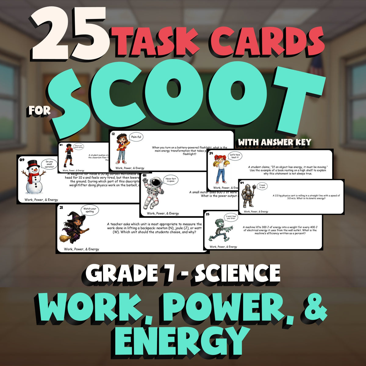 Work, Power, & Energy SCOOT TASK CARDS Science Game - No Prep Grade 7 Review