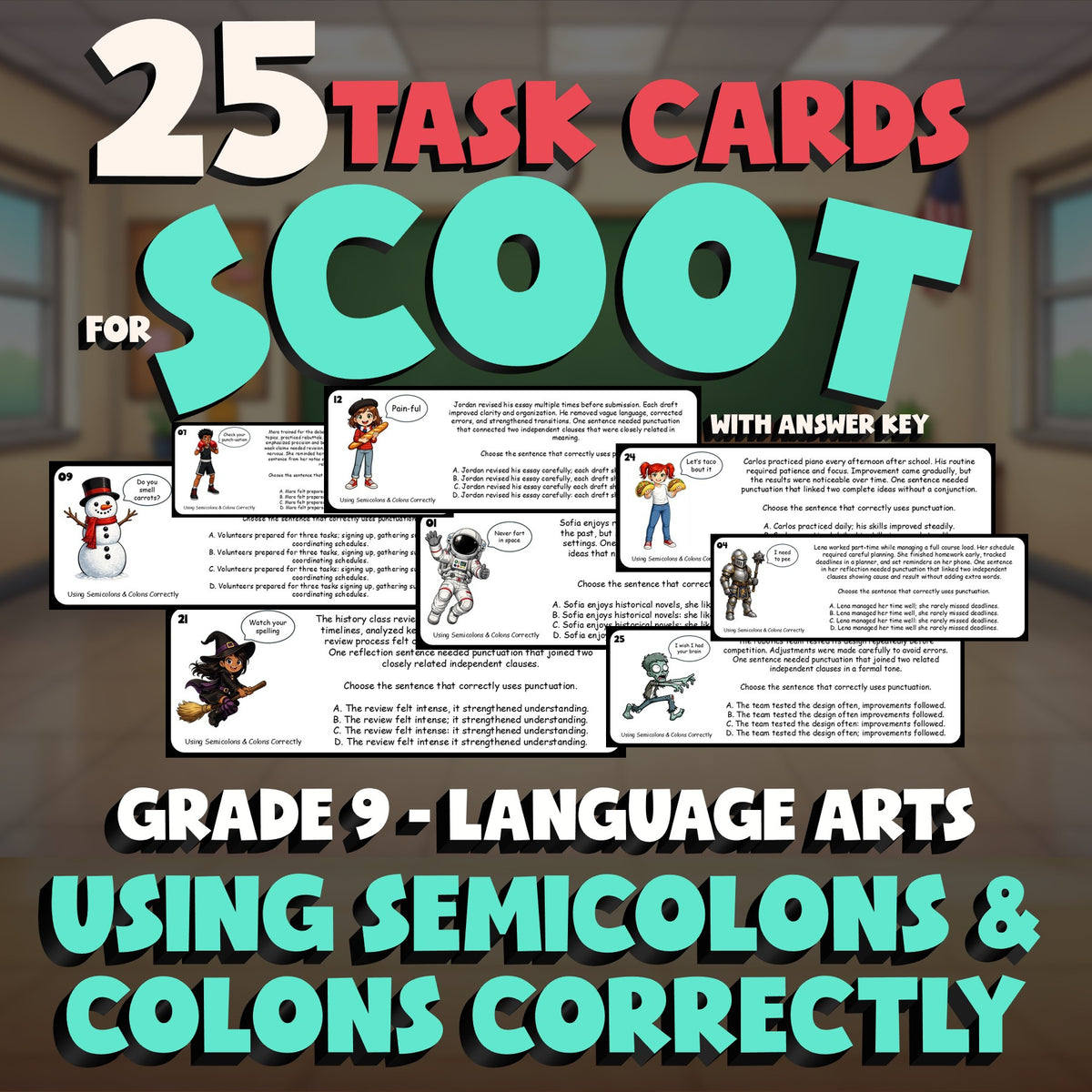 Using Semicolons & Colons Correctly SCOOT TASK CARDS ELA Game - No Prep Grade 9