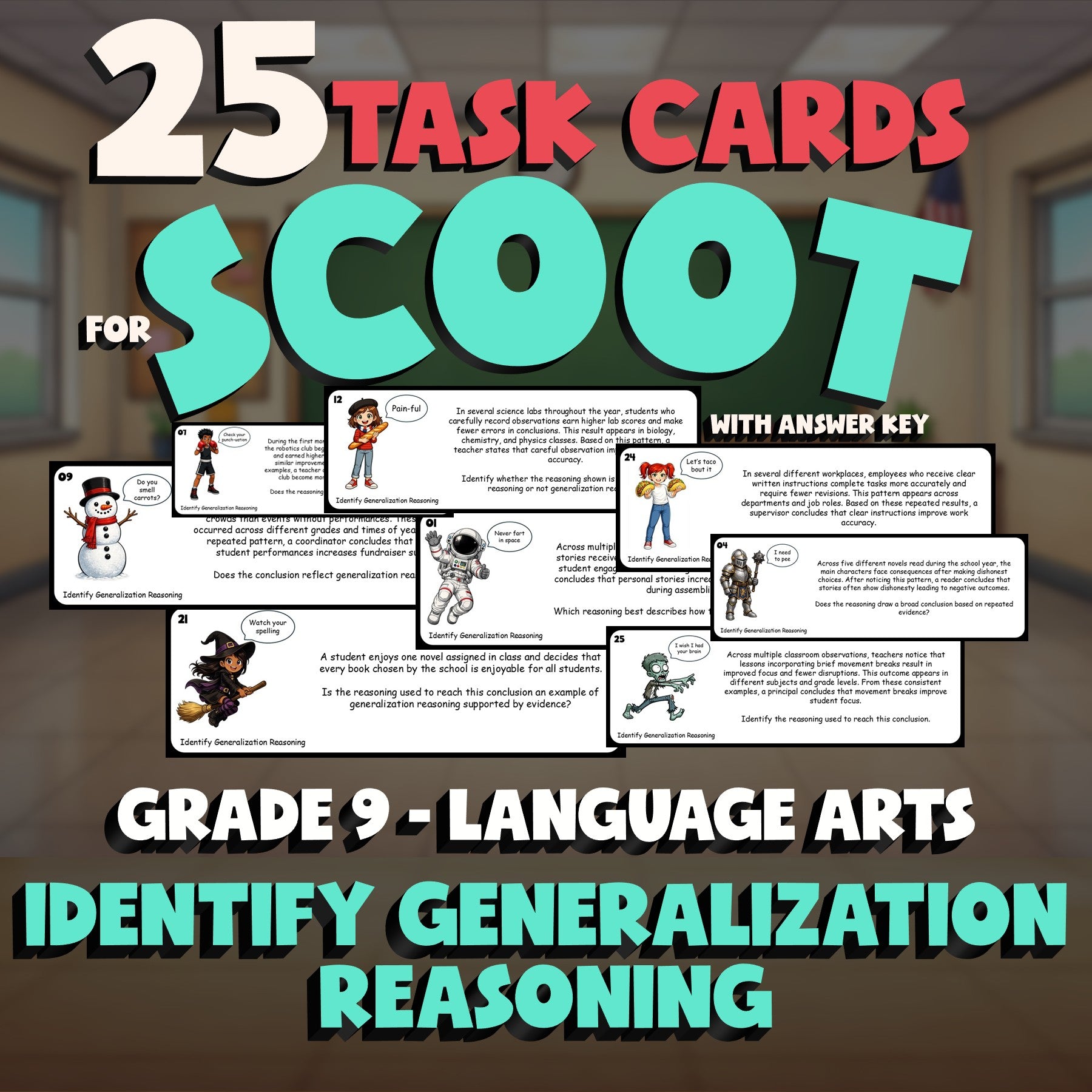 Identify Generalization Reasoning SCOOT TASK CARDS ELA Game - No Prep Grade 9