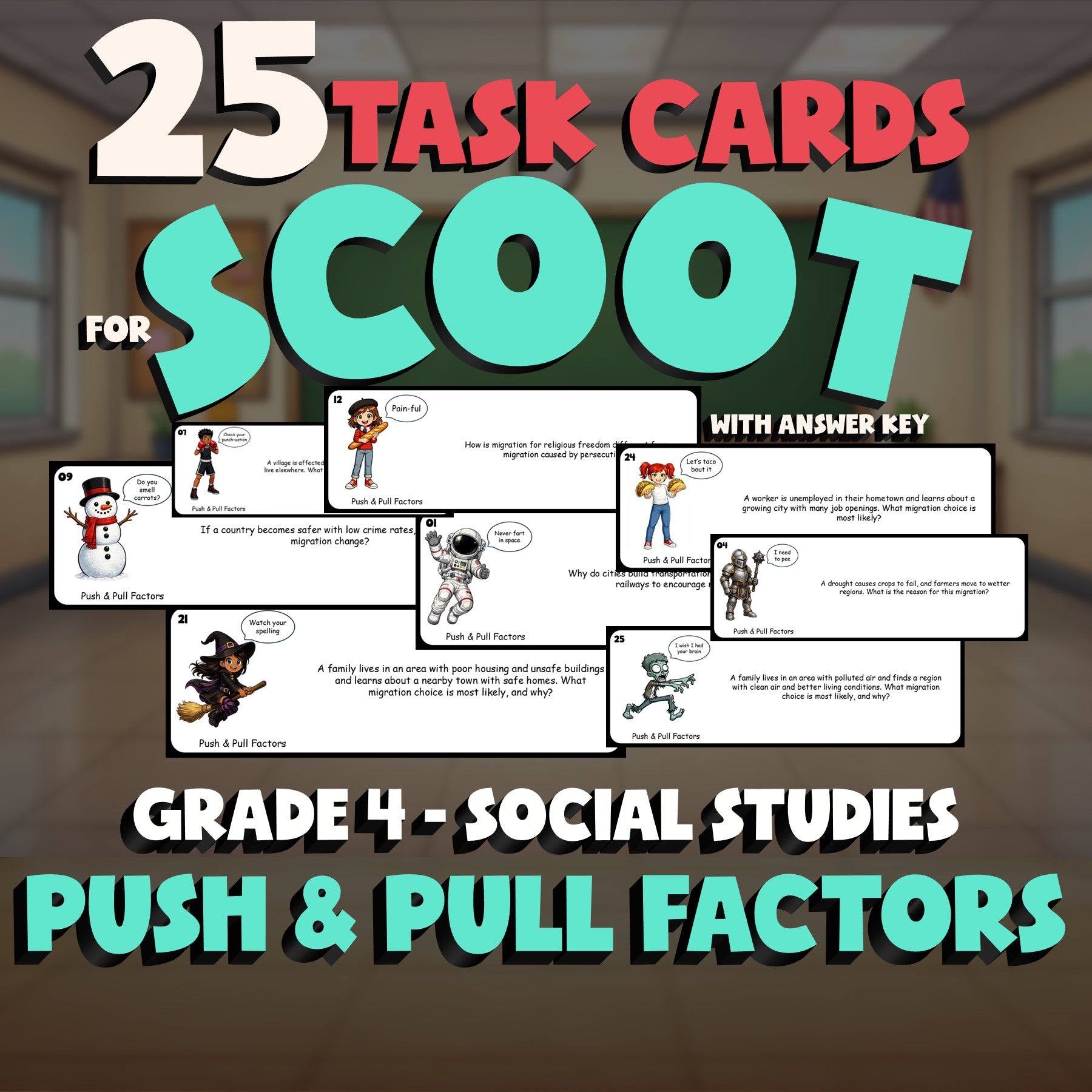 Push & Pull Factors SCOOT TASK CARDS Socials Game - No Prep Grade 4 Review