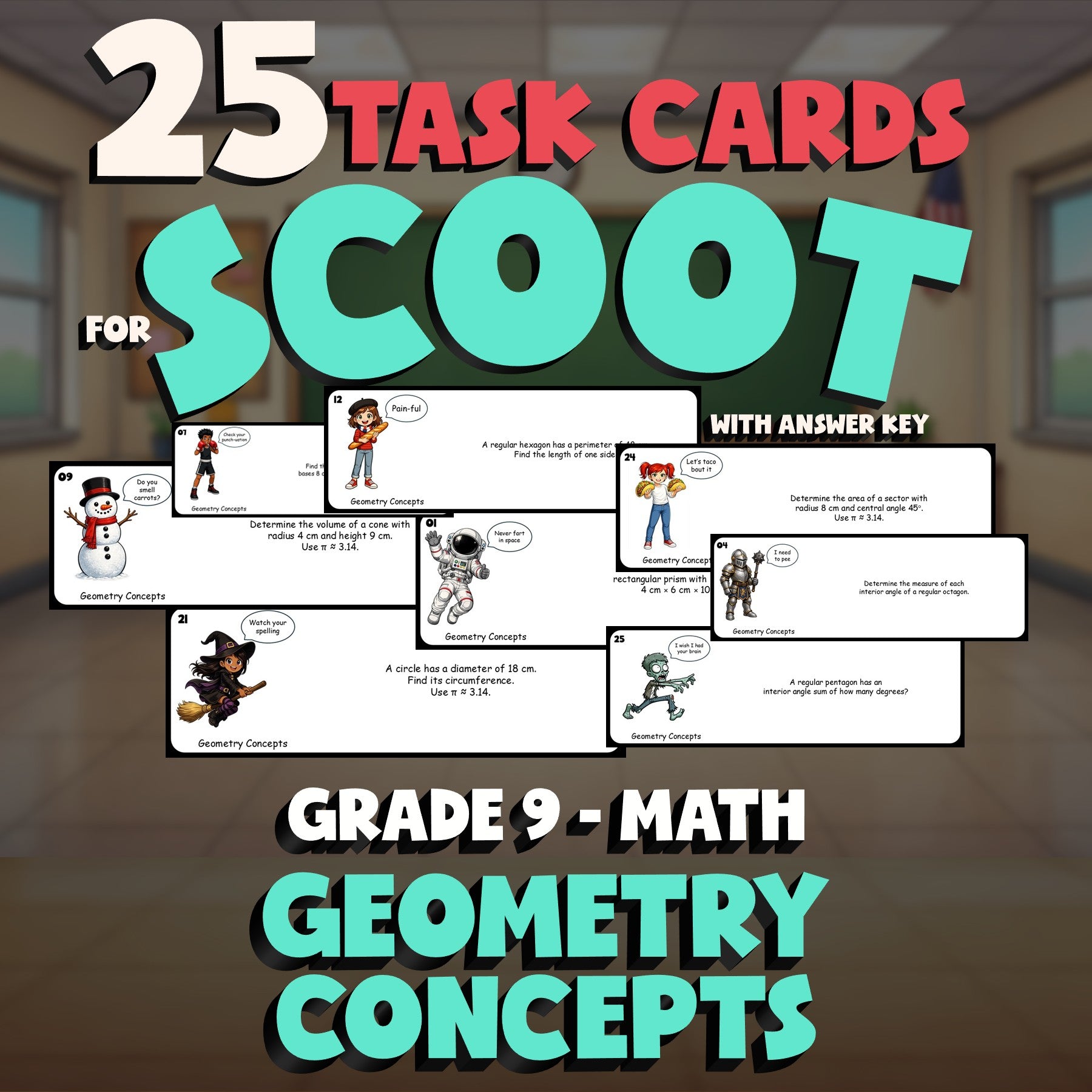 Geometry Concepts SCOOT TASK CARDS Math Game - No Prep Grade 9 Review Activity