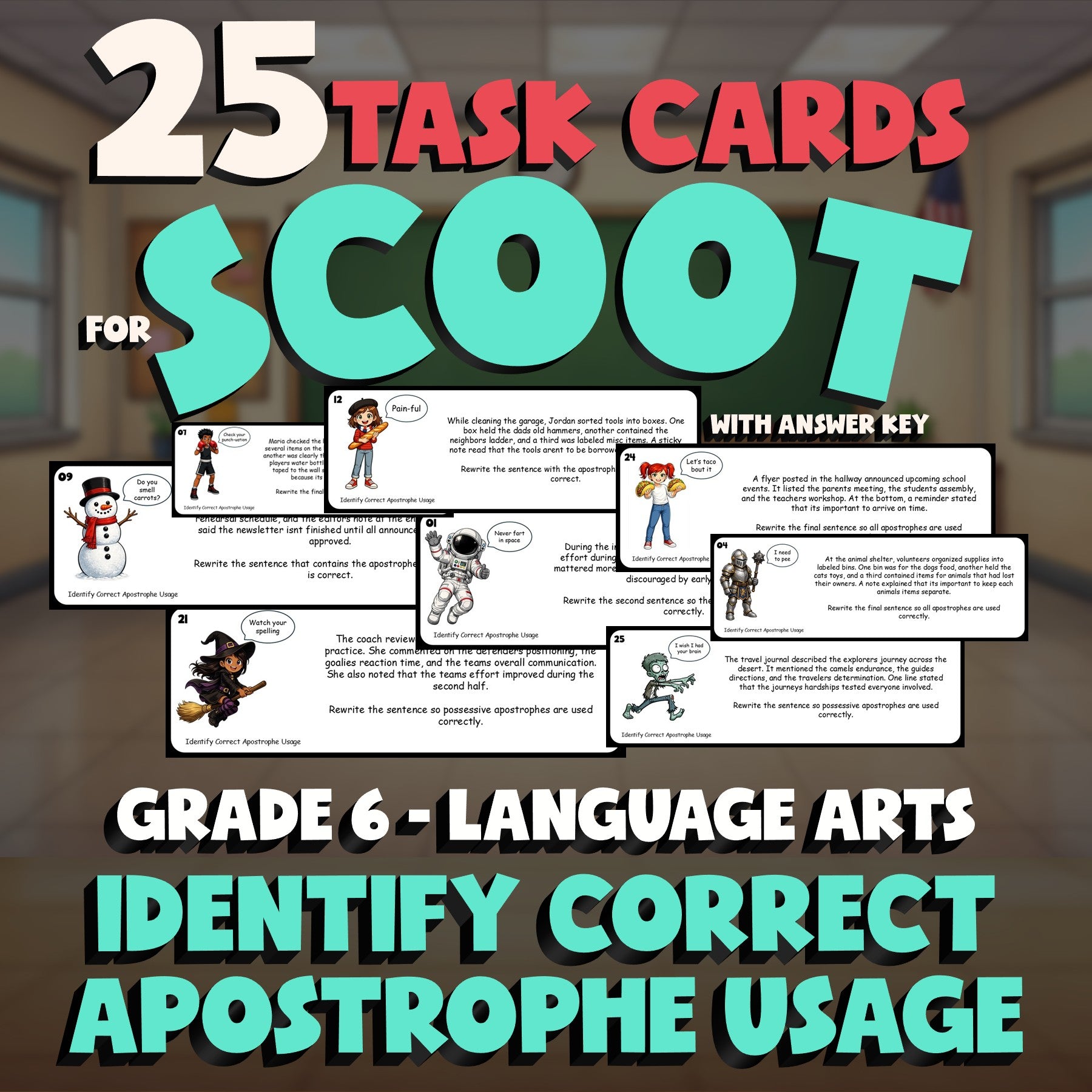 Identify Correct Apostrophe Usage SCOOT TASK CARDS ELA Game - No Prep Grade 6