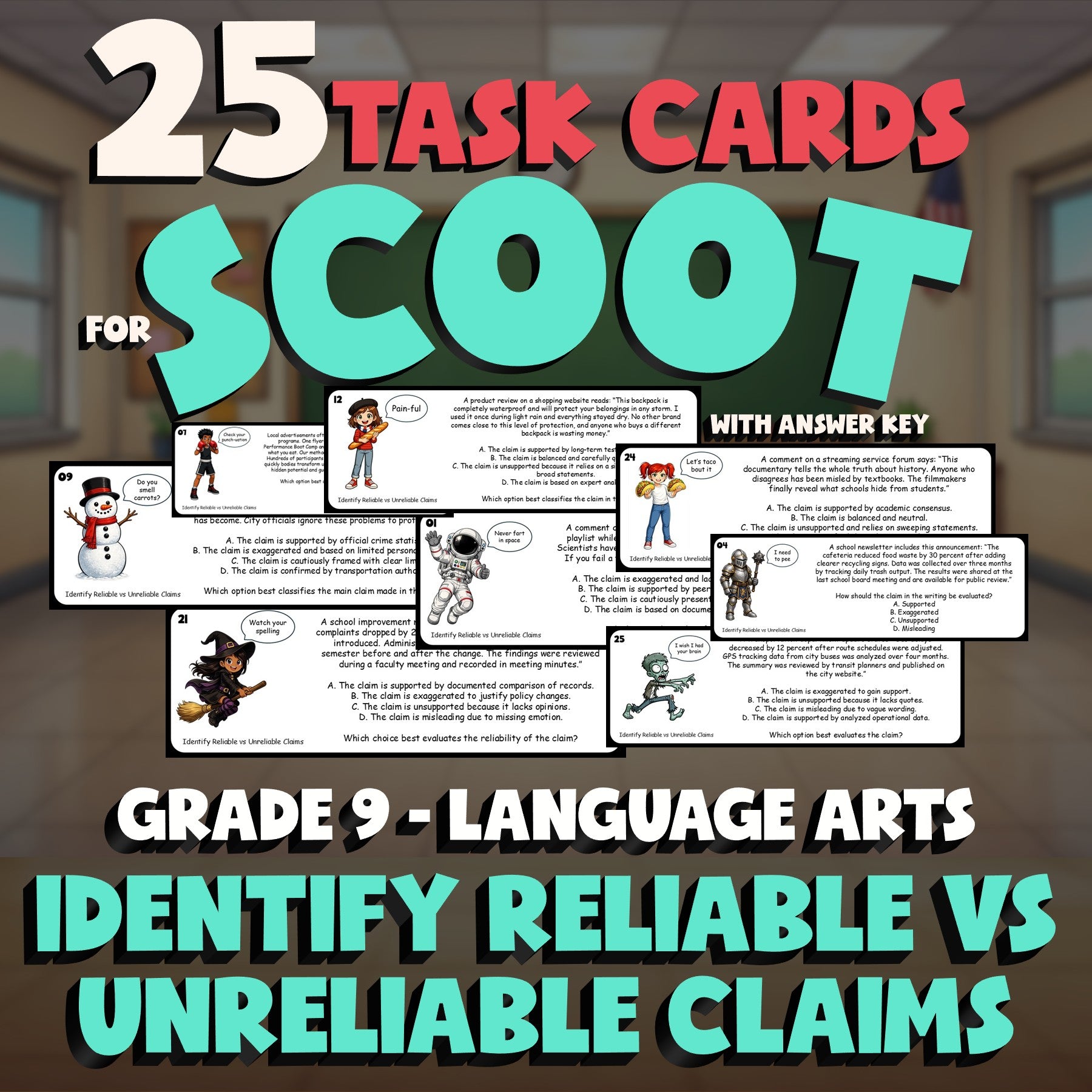 Identify Reliable vs Unreliable Claims SCOOT TASK CARDS ELA Game - Grade 9