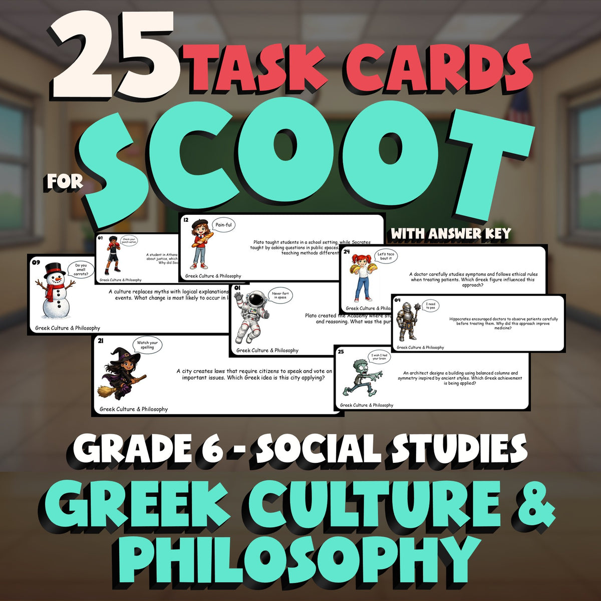 Greek Culture & Philosophy SCOOT TASK CARDS Socials Game - No Prep Grade 6