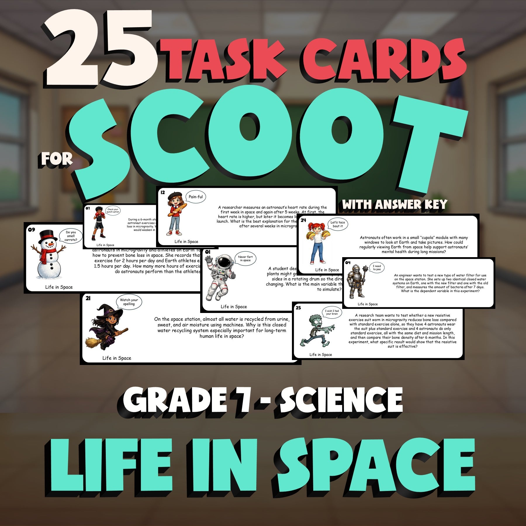Life in Space SCOOT TASK CARDS Science Game - No Prep Grade 7 Review Activity