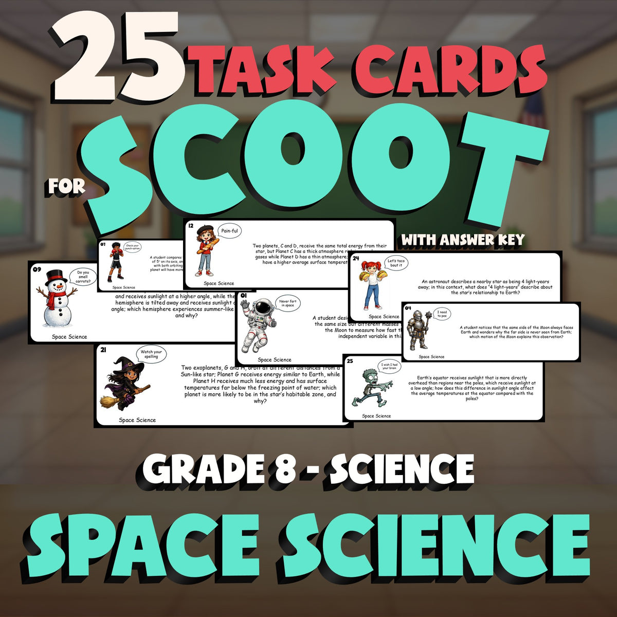 Space Science SCOOT TASK CARDS Science Game - No Prep Grade 8 Review Activity
