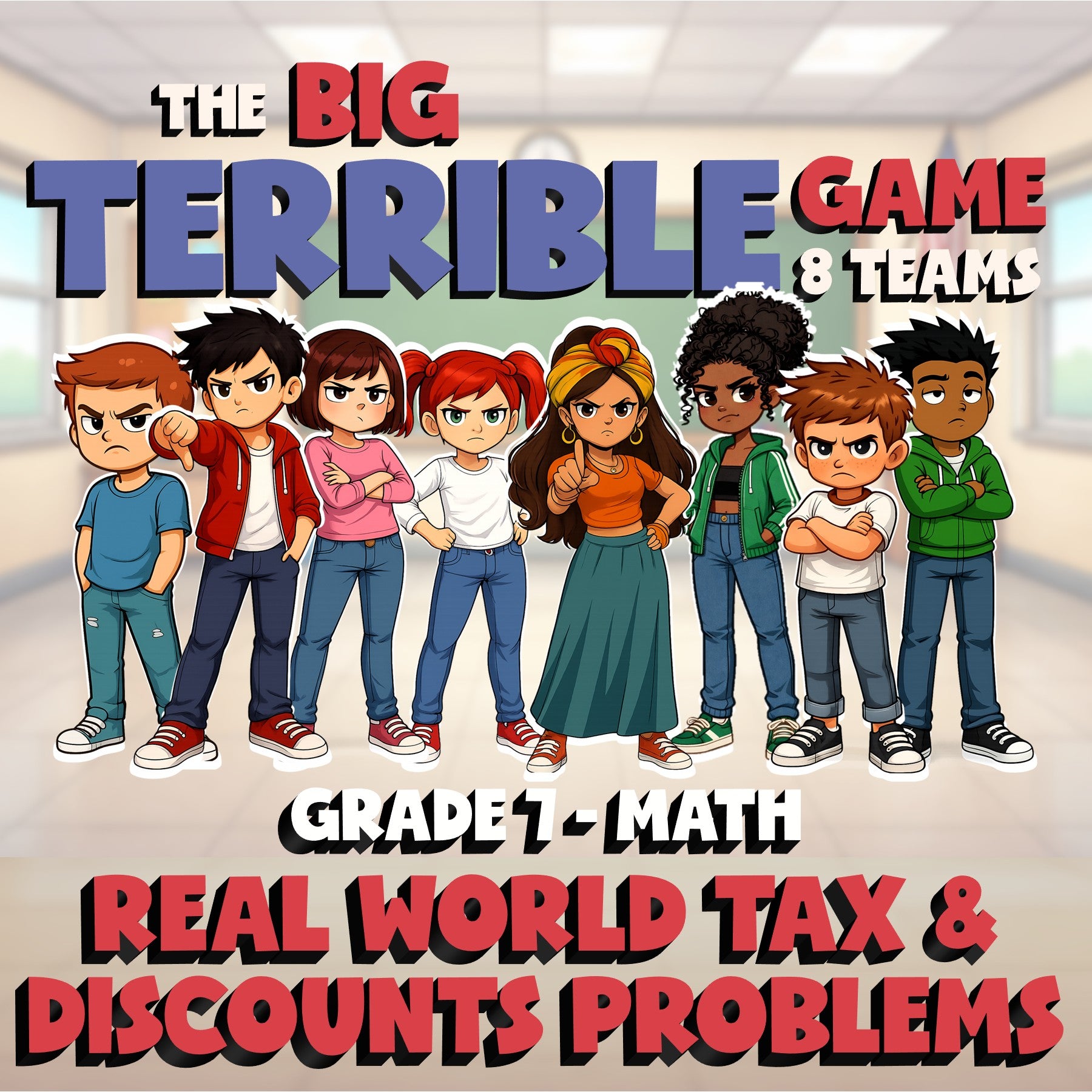 Real World Tax & Discounts Problems BIG TERRIBLE GAME - Grade 7 Math Review