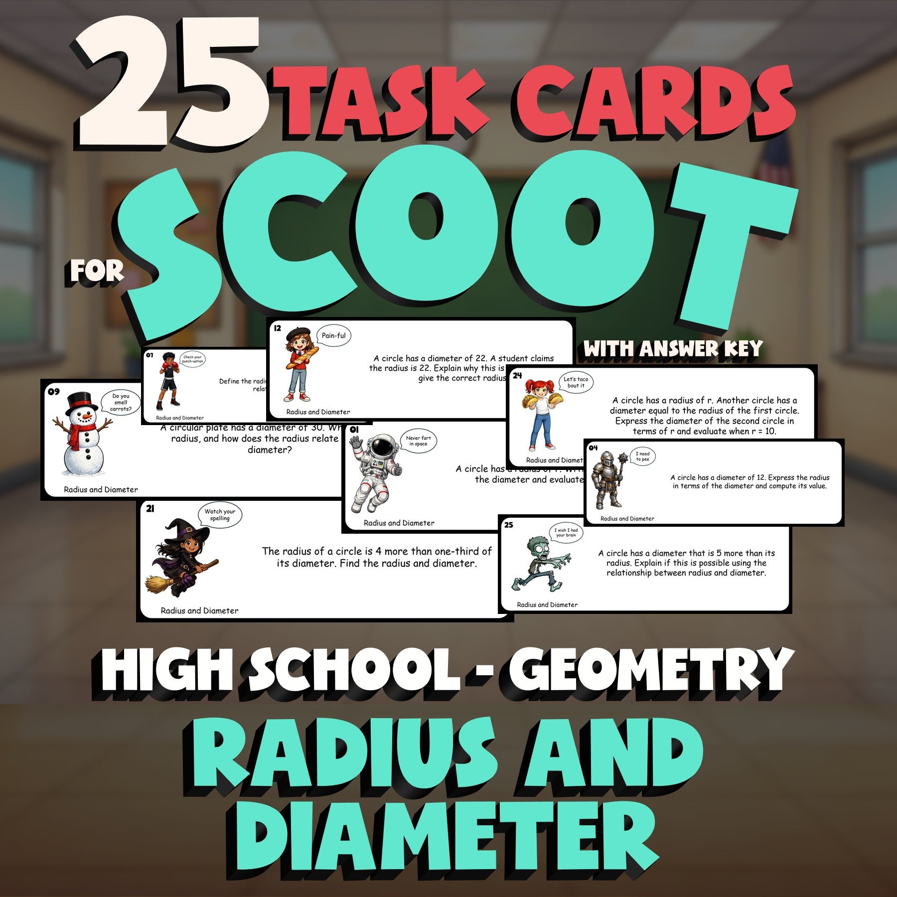 Radius and Diameter SCOOT TASK CARDS Math Game - No Prep Geometry Review