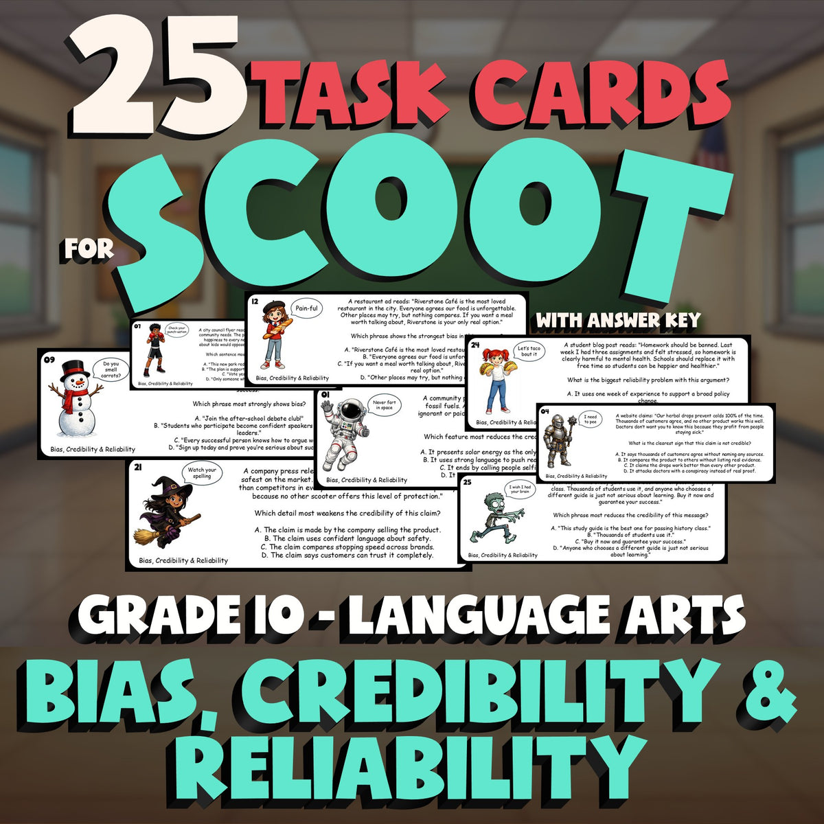 Bias, Credibility & Reliability SCOOT TASK CARDS ELA Game - No Prep Grade 10