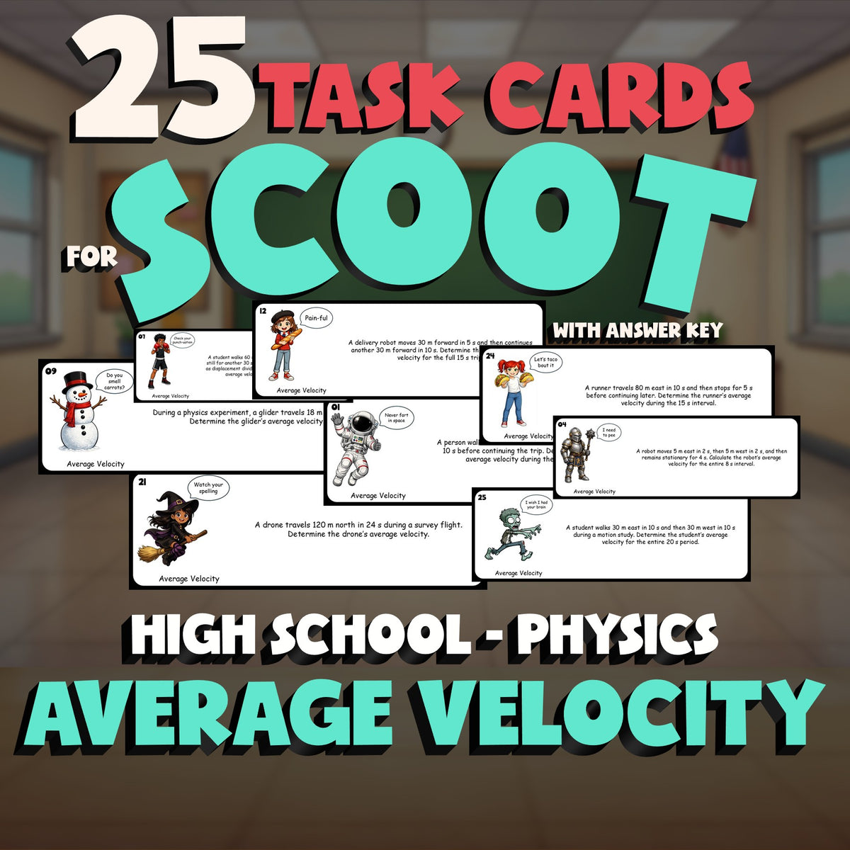 Average Velocity SCOOT TASK CARDS Science Game - No Prep Physics Review Activity