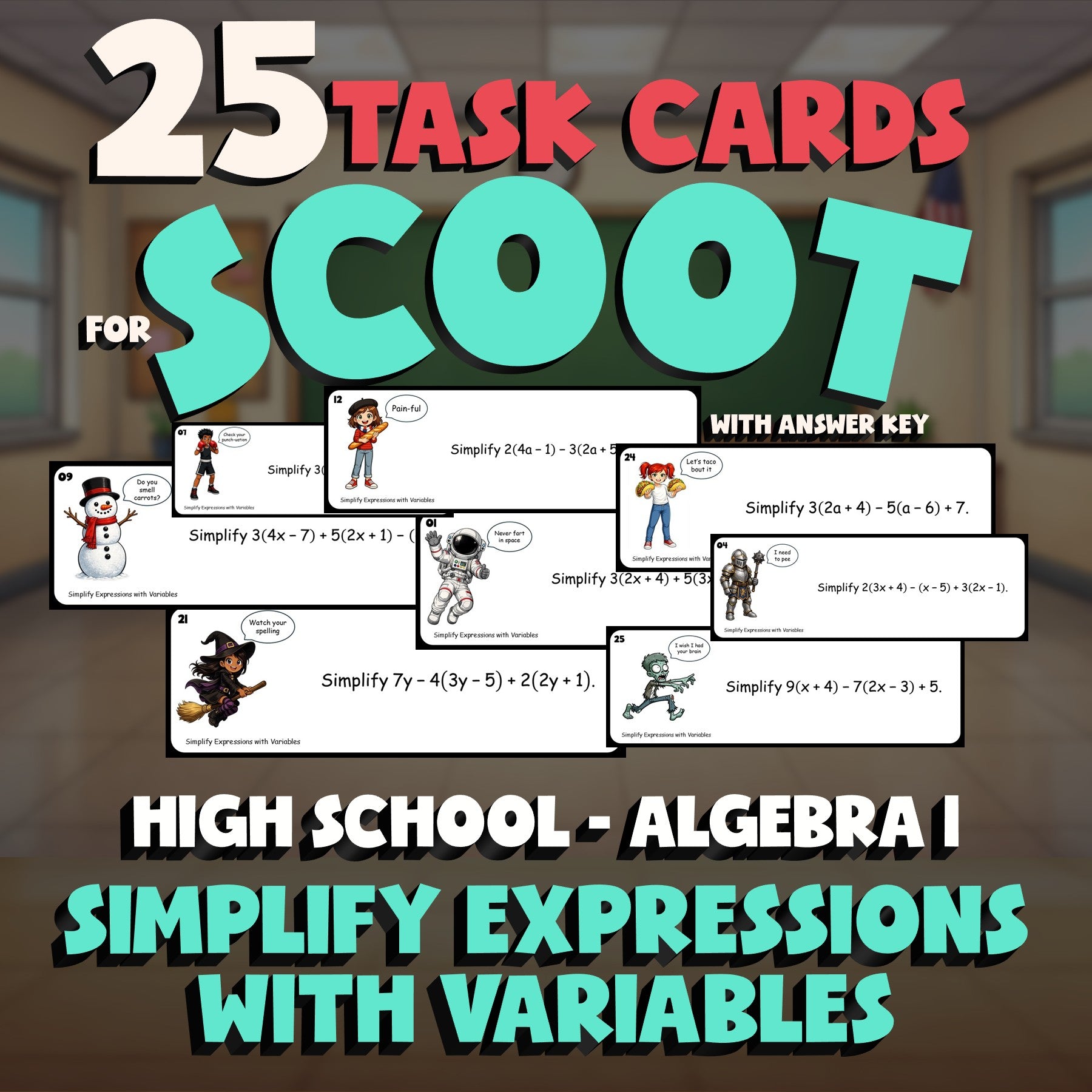 Simplify Expressions with Variables SCOOT TASK CARDS Math Game - Algebra 1