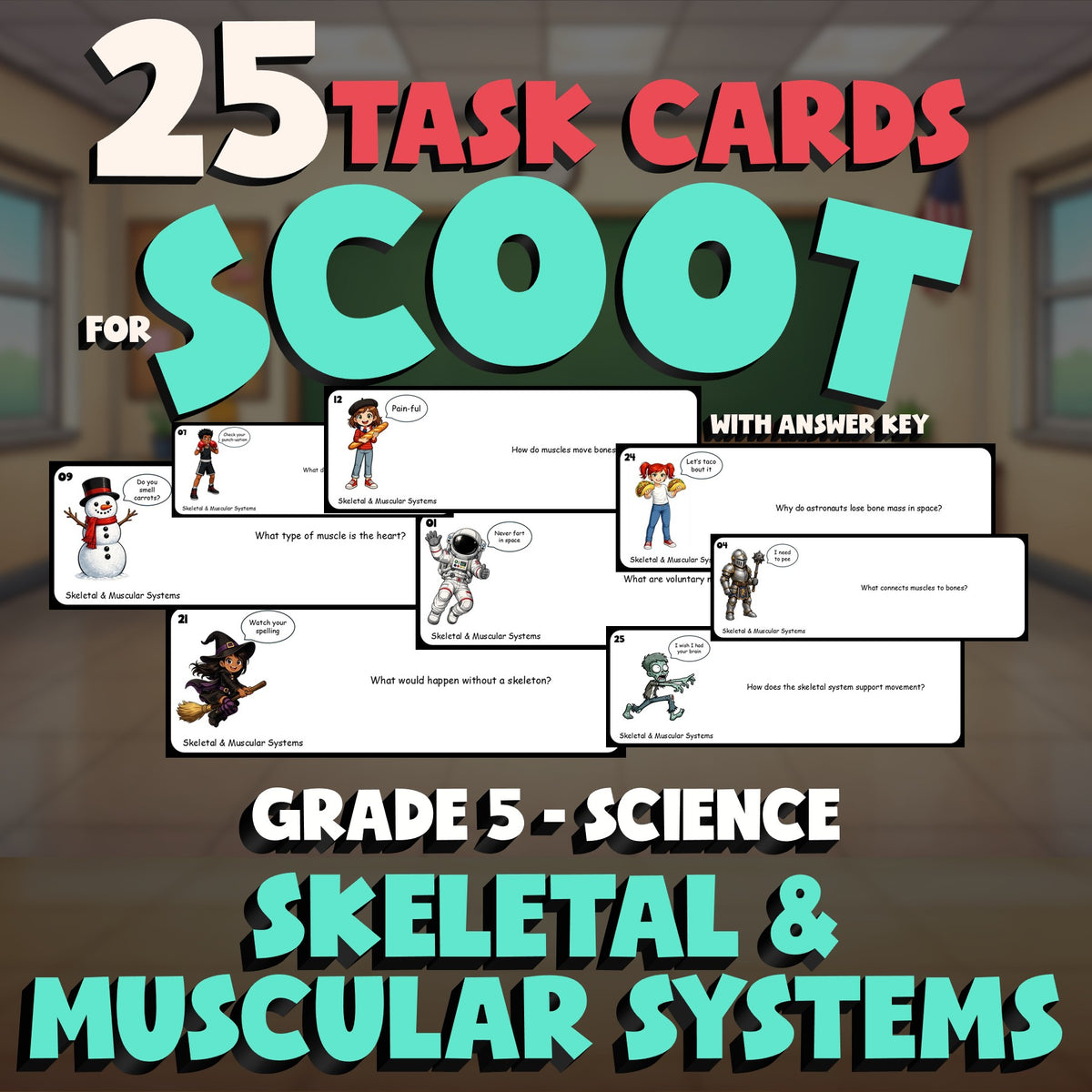 Skeletal & Muscular Systems SCOOT TASK CARDS Science Game - No Prep Grade 5