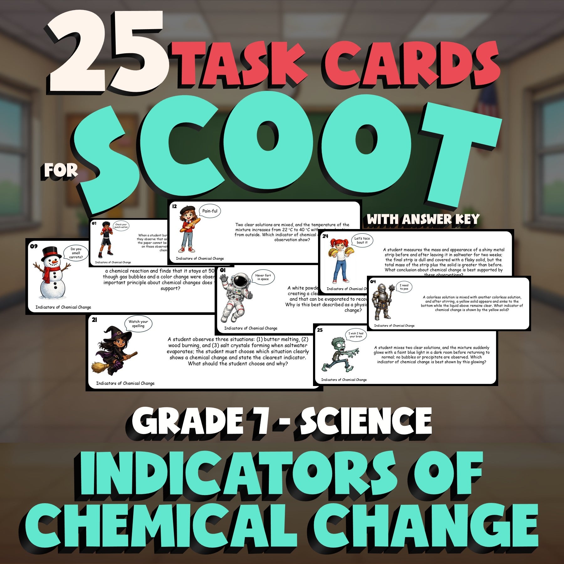 Indicators of Chemical Change SCOOT TASK CARDS Science Game - No Prep Grade 7