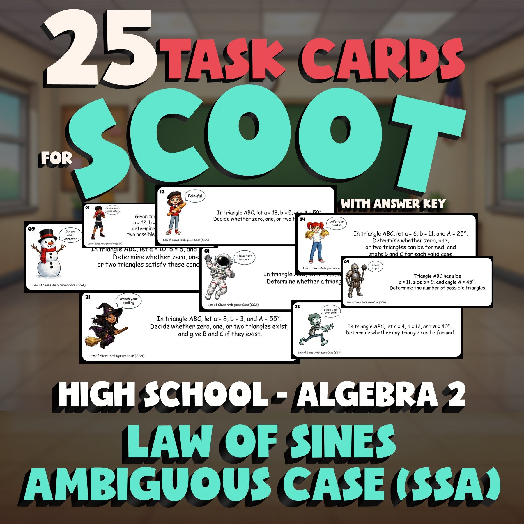 Law of Sines Ambiguous Case (SSA) SCOOT TASK CARDS Math Game - No Prep Algebra 2