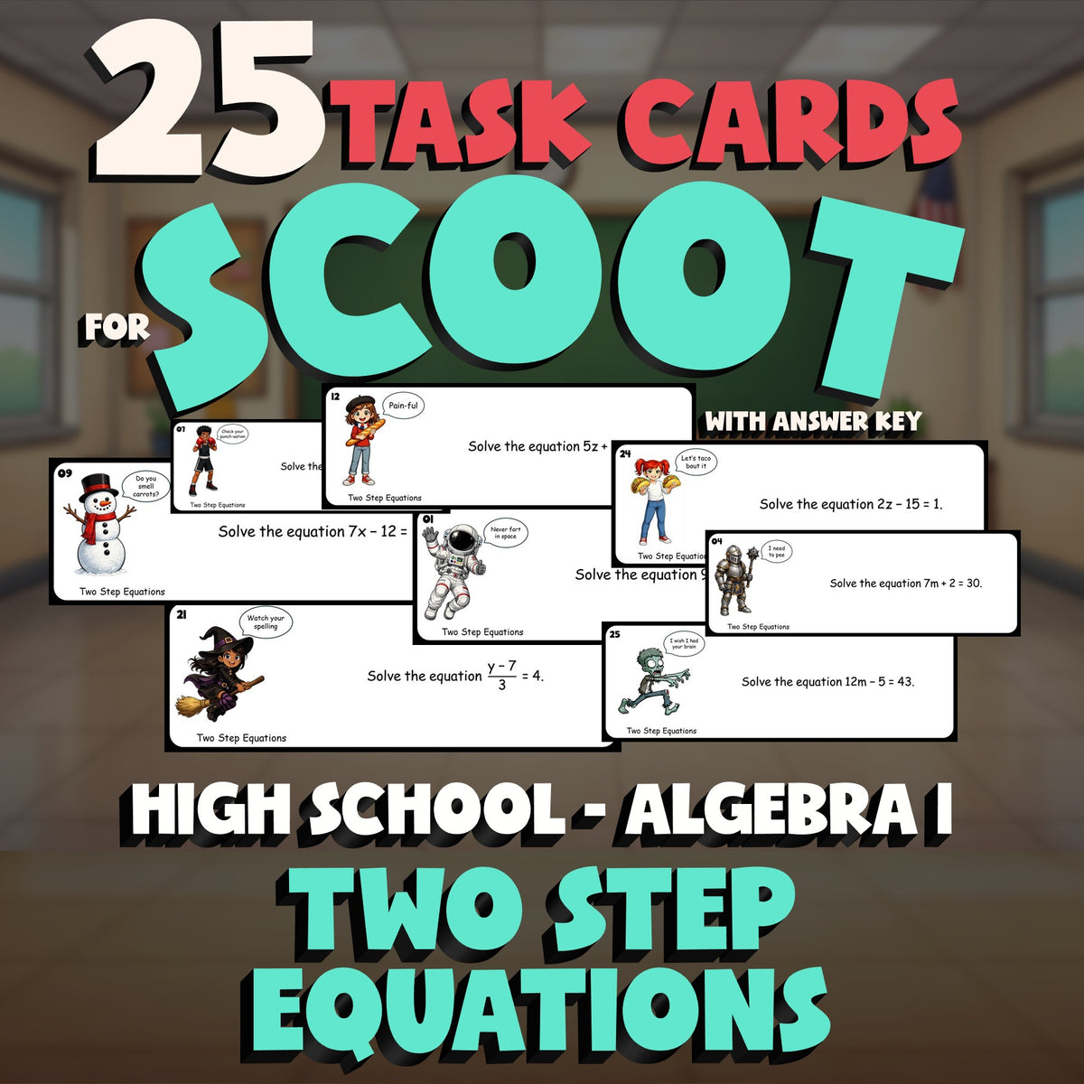 Two Step Equations SCOOT TASK CARDS Math Game - No Prep Algebra 1 Review