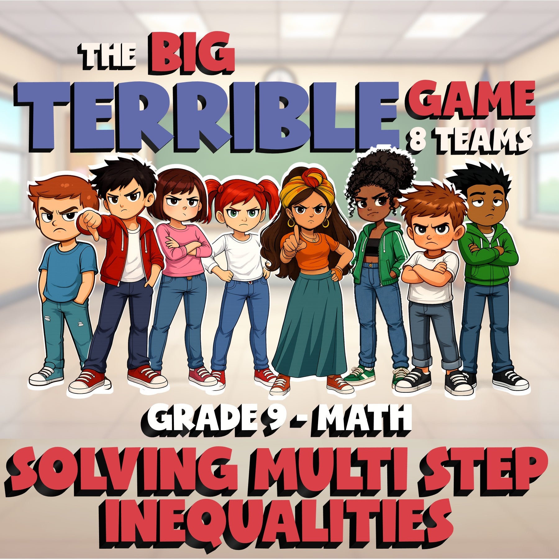 Solving Multi Step Inequalities BIG TERRIBLE GAME - No Prep Grade 9 Math Review