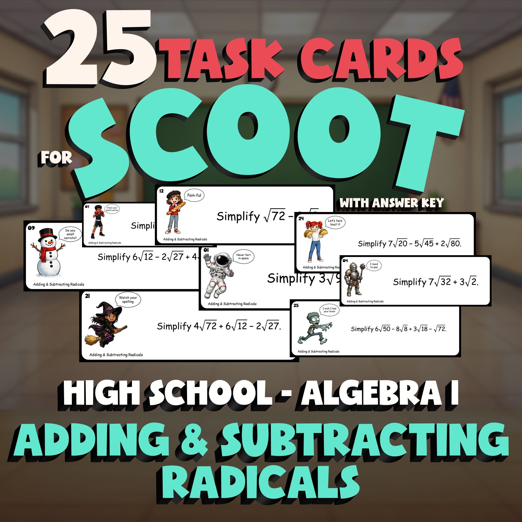 Adding & Subtracting Radicals SCOOT TASK CARDS Math Game - No Prep Algebra 1