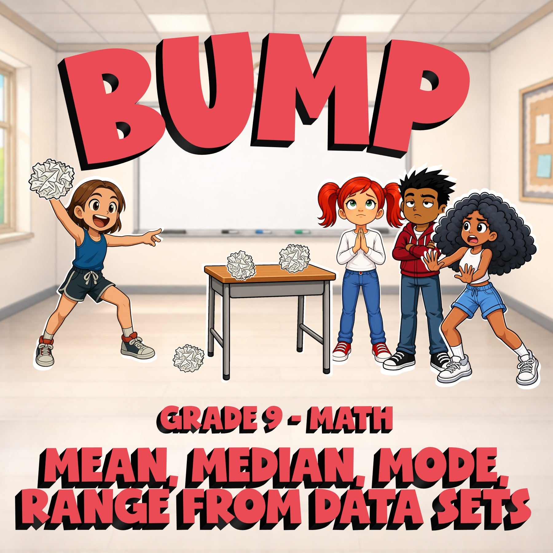Mean, Median, Mode, Range from Data Sets BUMP Math Game - No Prep Grade 9 Review