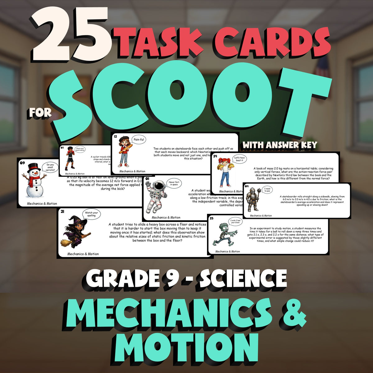 Mechanics & Motion SCOOT TASK CARDS Science Game - No Prep Grade 9 Review