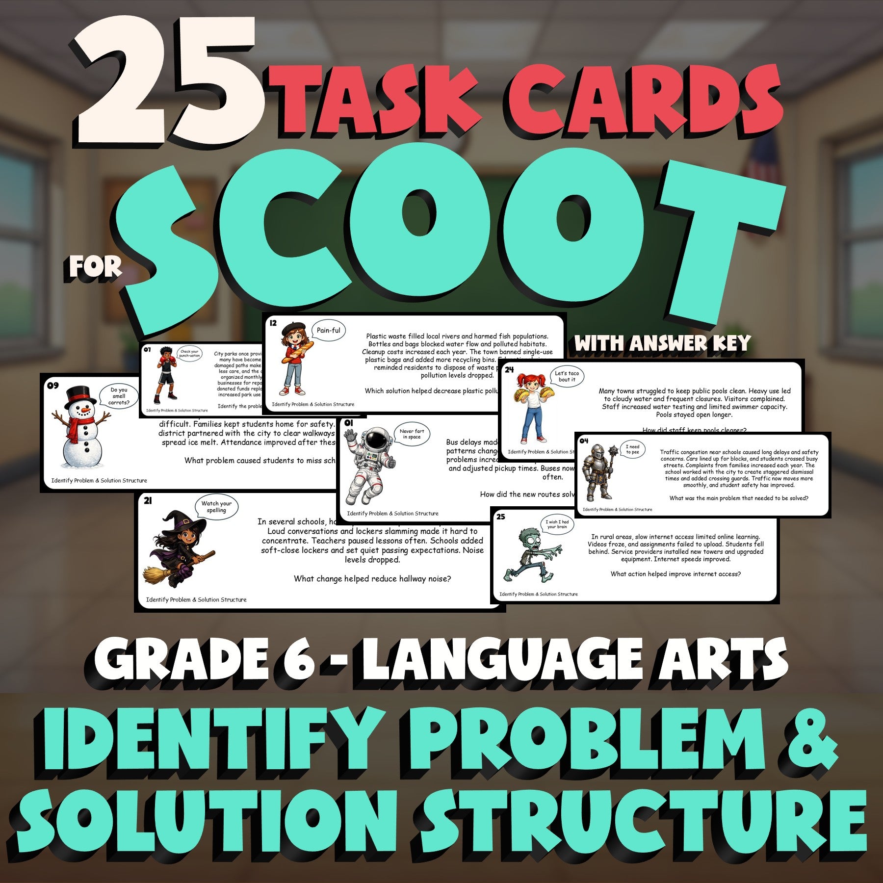 Identify Problem & Solution Structure SCOOT TASK CARDS ELA Game - Grade 6