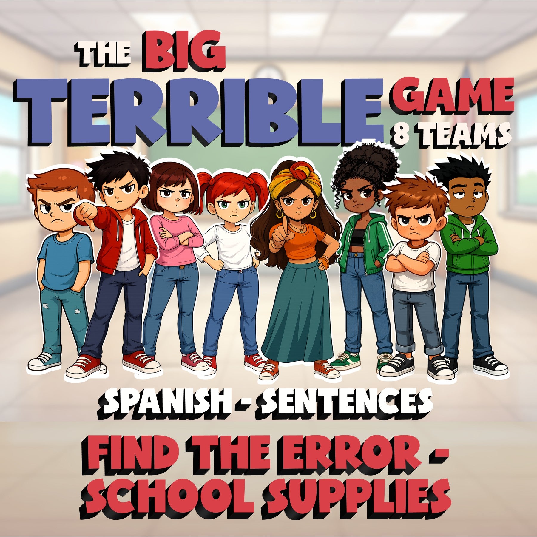 Find the Error - School Supplies BIG TERRIBLE GAME - No Prep Spanish Exercise