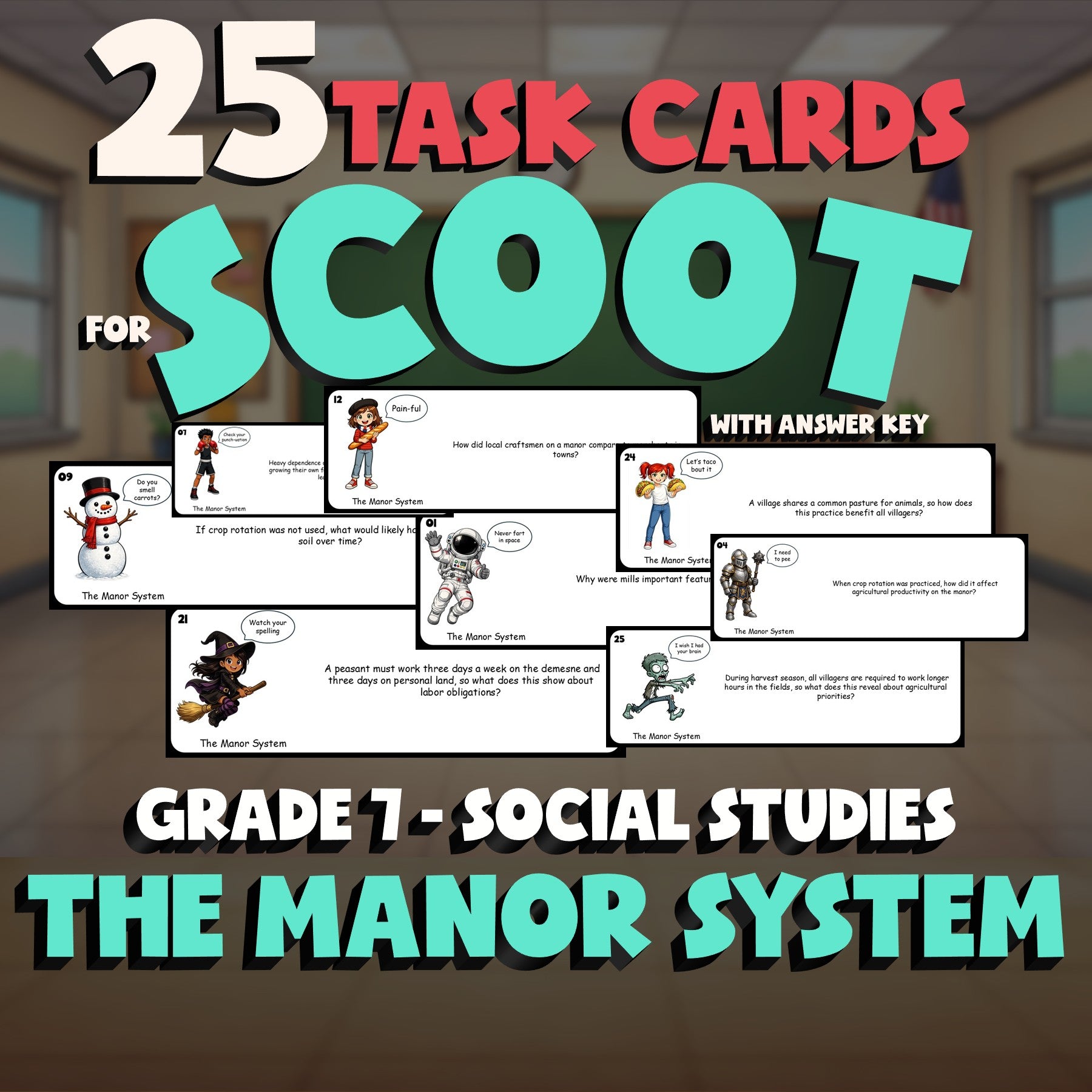 The Manor System SCOOT TASK CARDS Socials Game - No Prep Grade 7 Review Activity