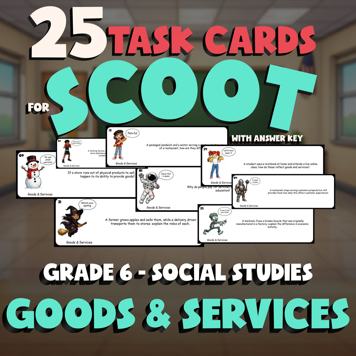 Goods & Services SCOOT TASK CARDS Socials Game - No Prep Grade 6 Review Activity
