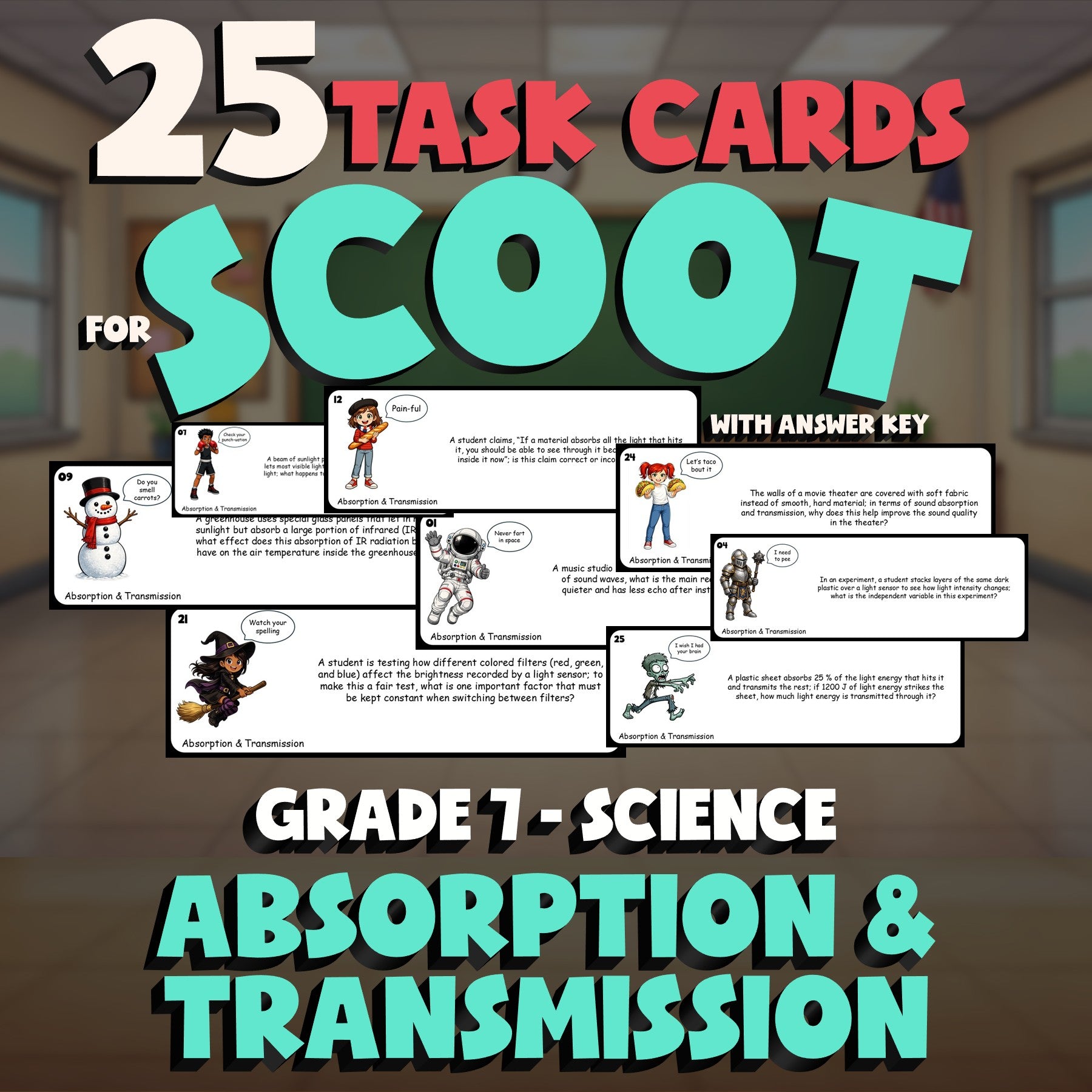 Absorption & Transmission SCOOT TASK CARDS Science Game - No Prep Grade 7 Review
