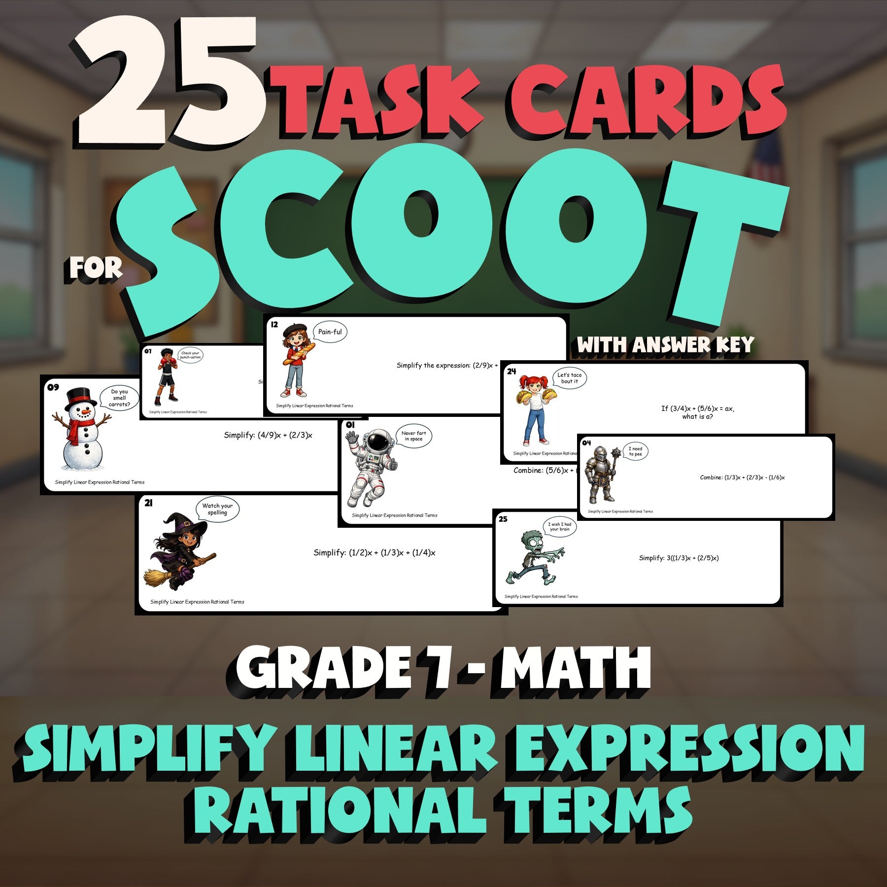 Simplify Linear Expression Rational Terms SCOOT TASK CARDS Math Game - Grade 7