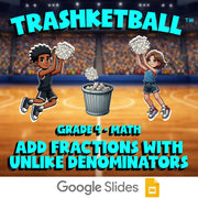 Add Fractions with Unlike Denominators TRASHKETBALL Math Game - No Prep Grade 4
